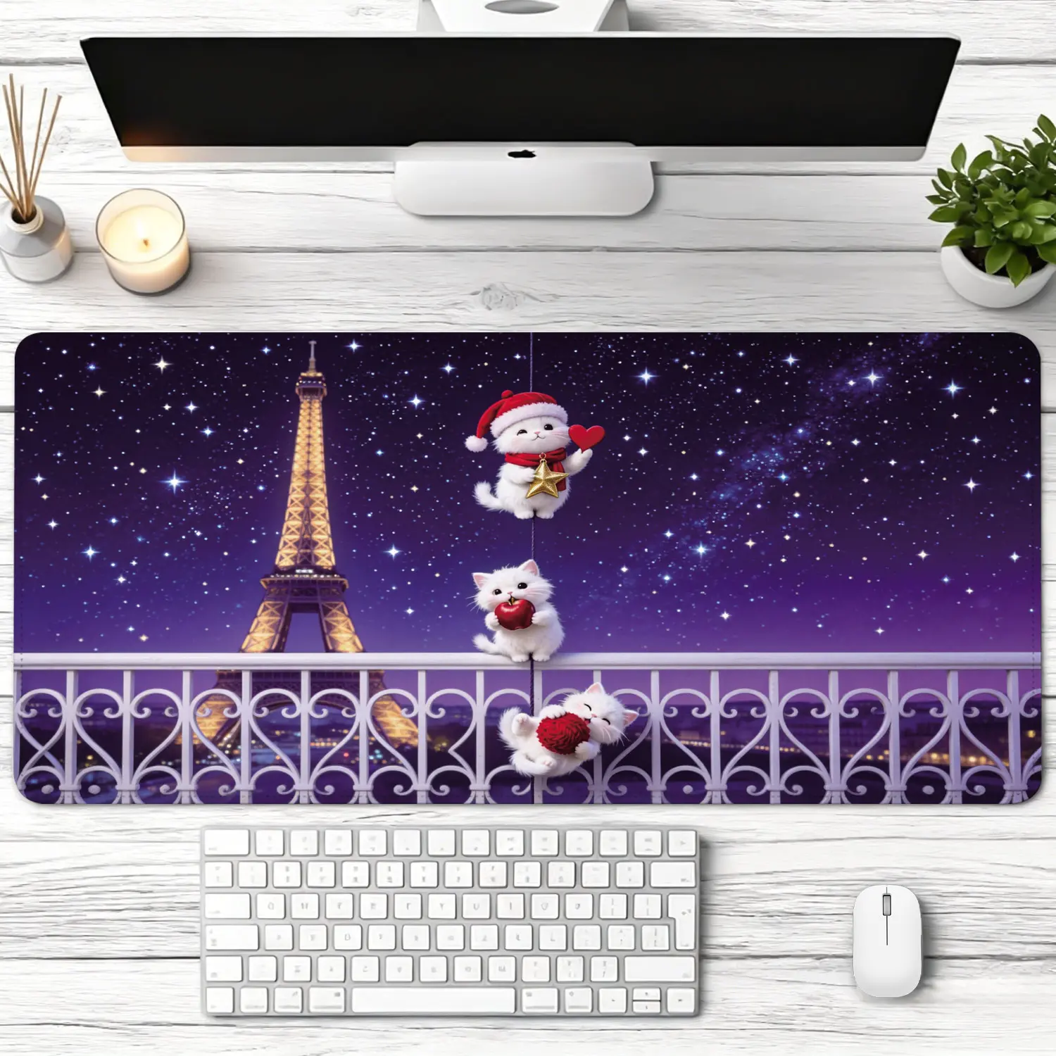 Extra Large Eiffel Tower and Cute Cats with Heart and Red Wool Ball Mouse Pad,Non Slip Rubber Pad,Desktop Decoration Drotection Pad,Washable,Lock Edge Multi Size,Premium Multipurpose Mousepad For Office,Study Room,Gift for Family and Friends