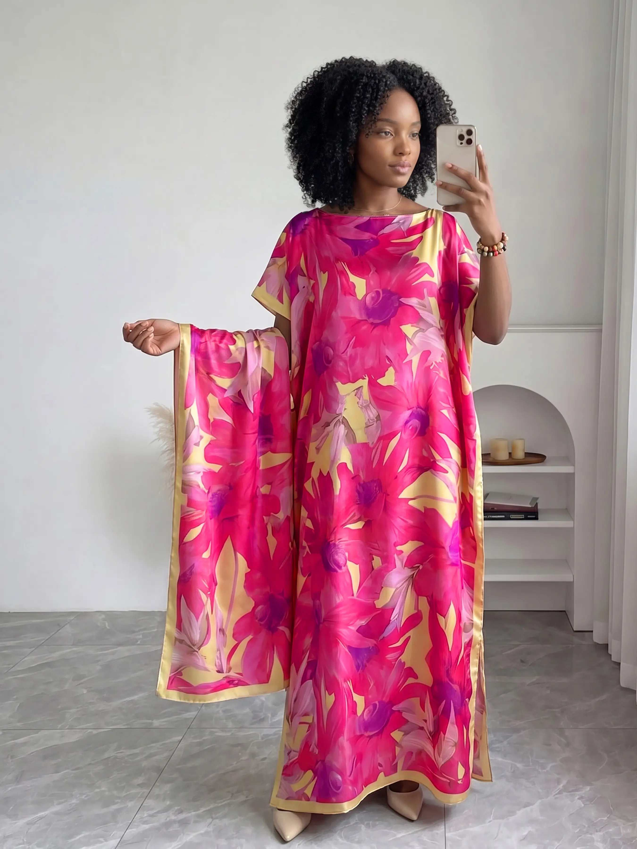 Women's Fashion Elegant Floral Print Moomoo Robe Set, Long Dress with Headscarf, Beach Sun Protection Silk Scarf, Shawl, Summer