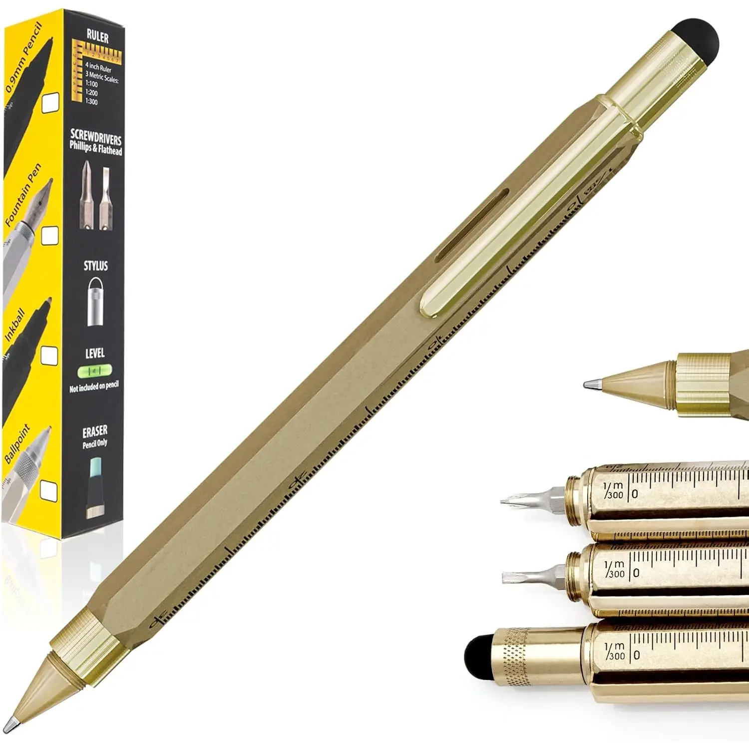 9-in-1 Tool Ballpoint Pen in Brass – Hand-Machined Multifunctional Pen with Stylus, Screwdrivers, Level, and Ruler –  Collection, Ideal  for Engineers