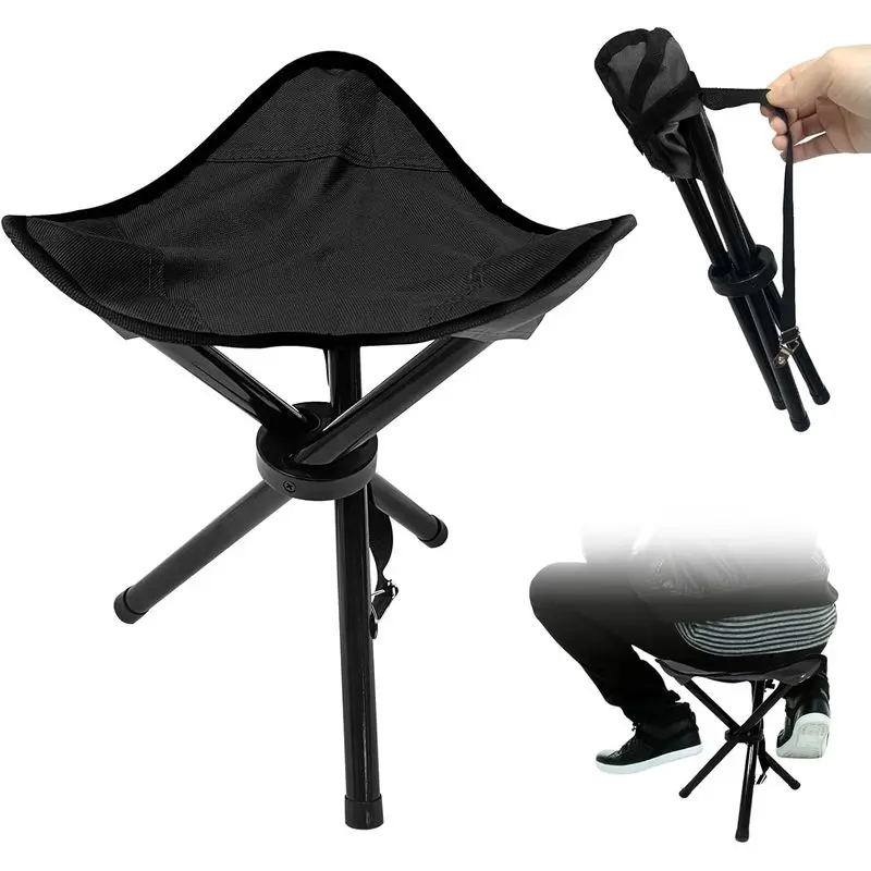 Portable Folding Camping Stool, 14.6-Inch Tripod Seat with 210 lbs Capacity and Shoulder Strap for Fishing, Hiking, Gardening and Travel, Black