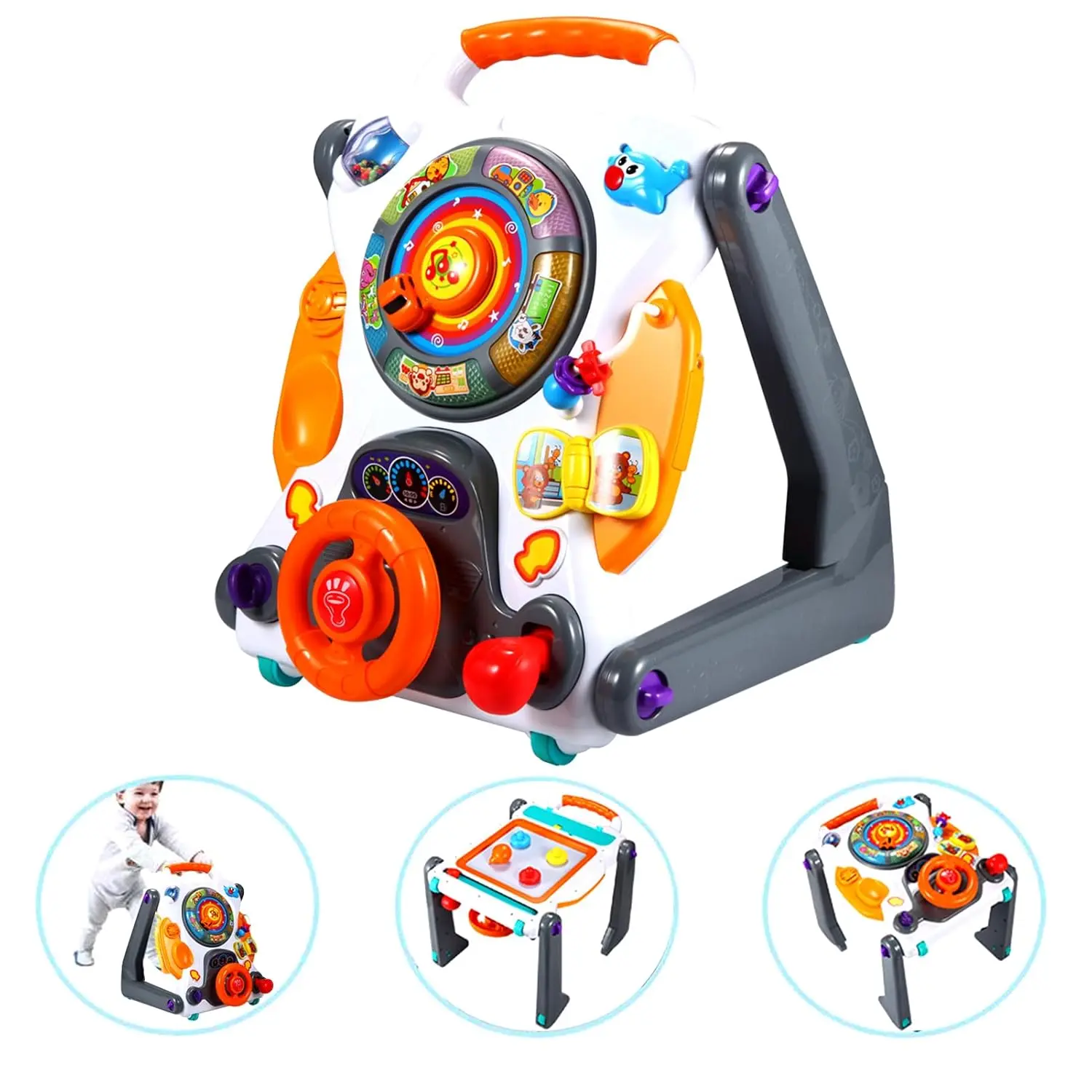 Unisex 3-in-1 Sit-to-Stand Baby Walker - Adjustable, Functional, Multi-Use Infant Development Toy with Entertainment Table, Drawing Board (White/Gray, Colorful)