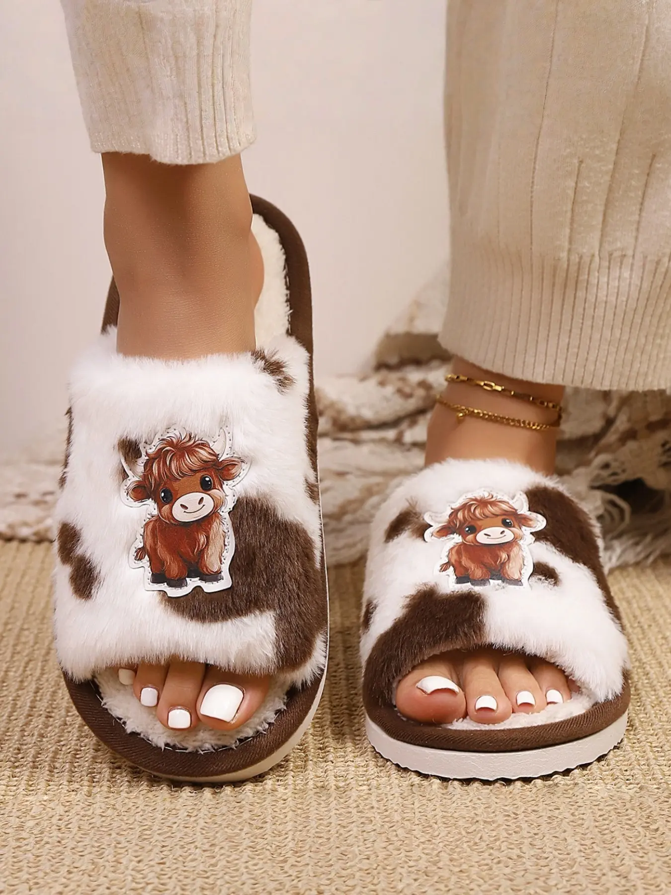 Women's Cute Highland Cow Cartoon Print Open-Toe Plush Slippers, Milk Cow Pattern, Non-Slip Flat Sole, Indoor Home Wear