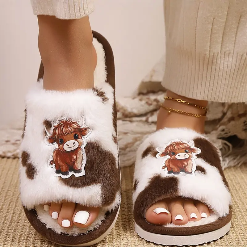 Women's Cute High Cow Cartoon Flower Print Open-Toe Plush Slippers, Warm Casual Slippers, Anti-Slip Flat Sole, Wide Width, Indoor Casual Shoes