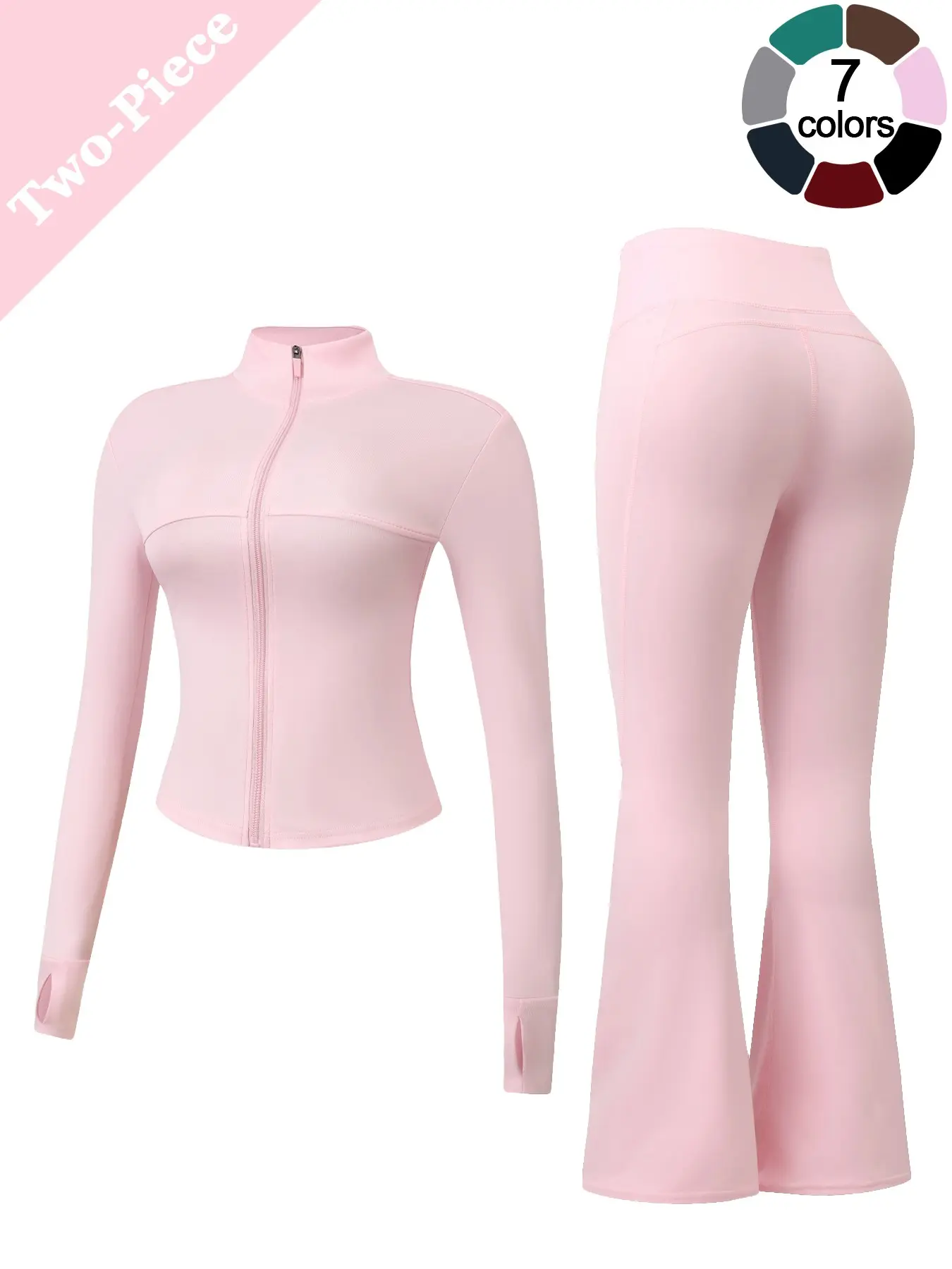 2 Piece Set Women’s Workout Set Long Sleeve Zip Up Jacket with Thumb Holes and High Waist Flare Pants Soft Breathable 4 Way Stretch Butt Lifting Yoga Gym Running Outfit