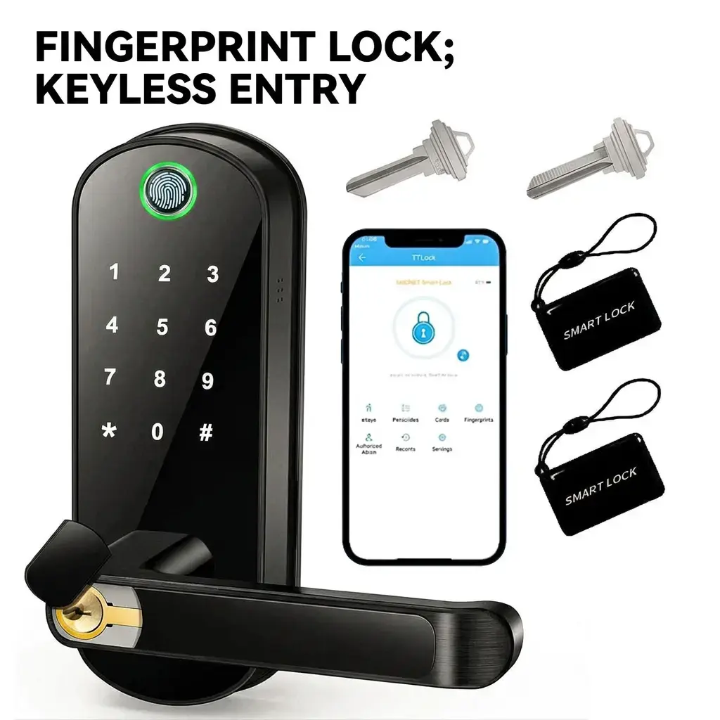 1pc Smart Door Lock, Electronic Door Lock, Fingerprint Door Lock, Keyless Entry Door Lock With Keypad, APP Controll TT Lock, With NFC, Digital Door Lock With Reversible Handle For Home, Rental, Office And Hotel, Biometric Lock