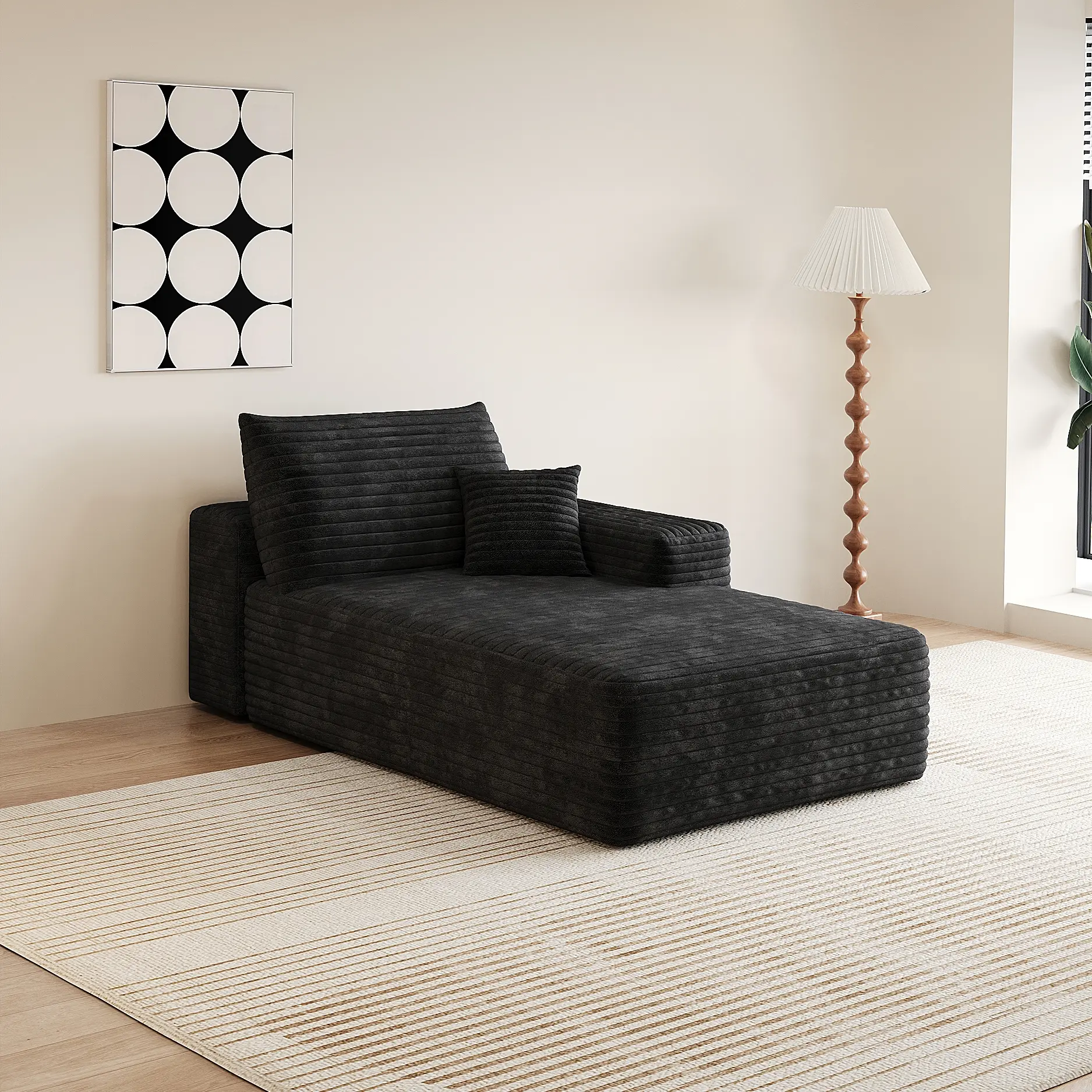 ARCH Modular Sleeper Sofa Chaise Lounge Couch for Living Room, 1-Seat Corduroy Fabric Foam Fill, No Assembly Required, Black, 37.4W x 68.1D x 24.4H in, Perfect for Apartments Bedrooms, Black Color Options, Foam Material, 1 Seat Seat Count