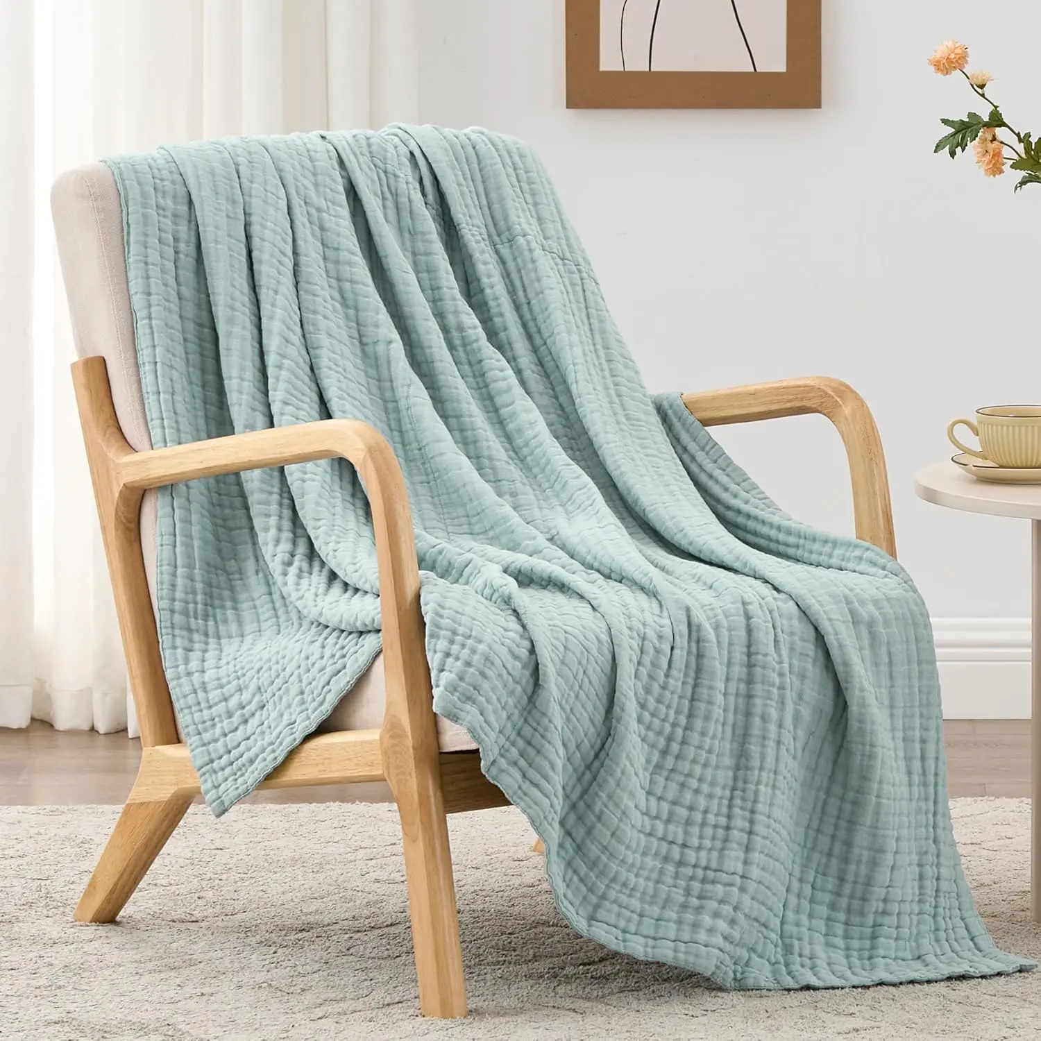 100% Cotton Muslin Blanket, 6 Layer Lightweight Breathable Gauze Throw Blanket 50 x 60 Inches, Soft All Season Blanket for Couch, Bed, Sofa, Cyan