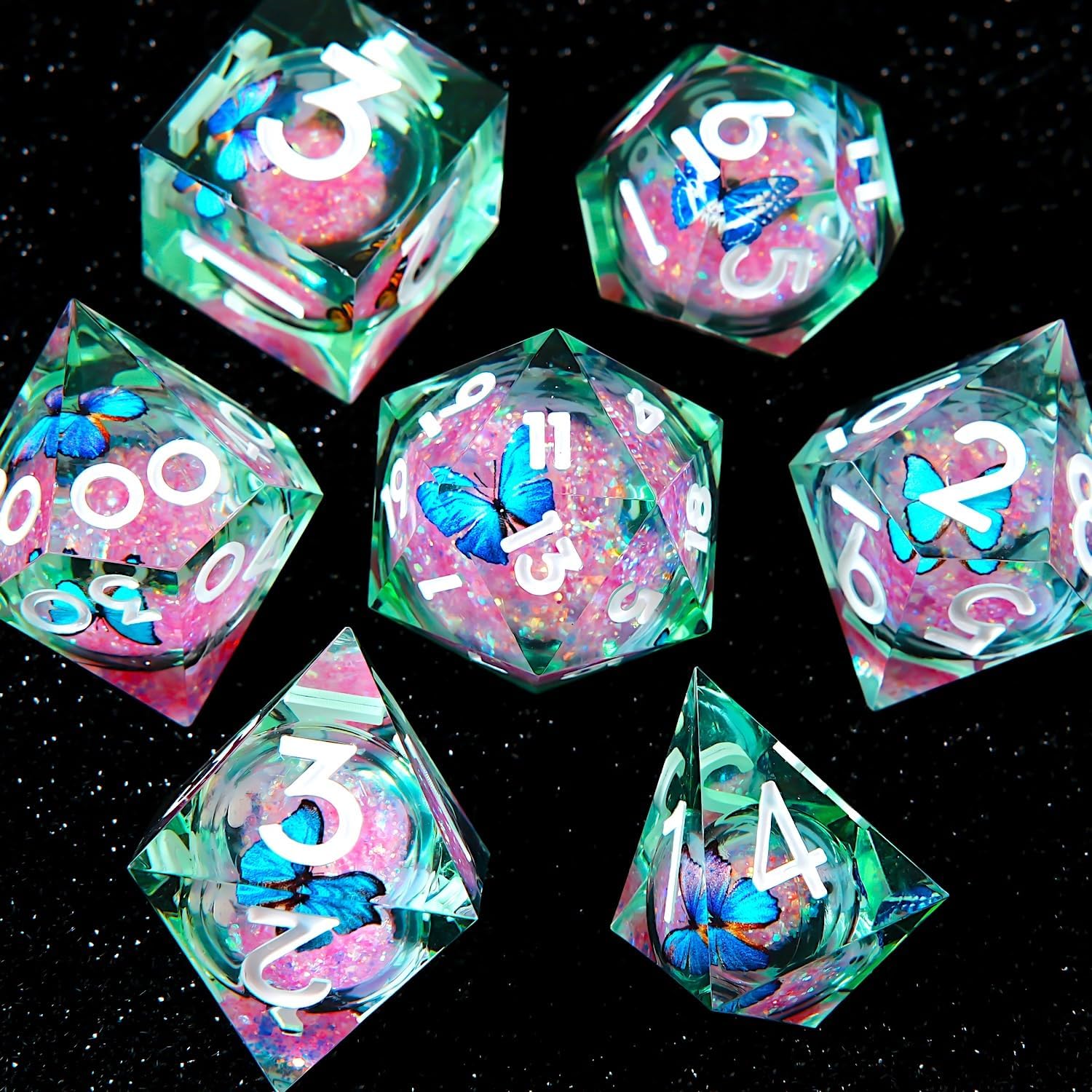 Butterfly Pattern Dice Set, 7 Counts/set Handmade Sharp Edge Dice, D&D Polyhedral Dice for Dungeons and Dragons Role Playing Game Resin Dice