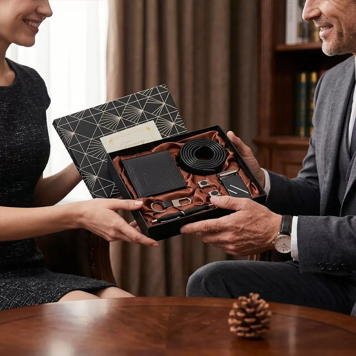 1set High end Men's Business Leather Gift Box Set - Wallet/Automatic Belt Buckle/Keychain/Pen/Cufflinks Complete Set - Birthday Gifts for Father and Boyfriend Husband - Corporate Annual Meeting Men's Appreciation Gift