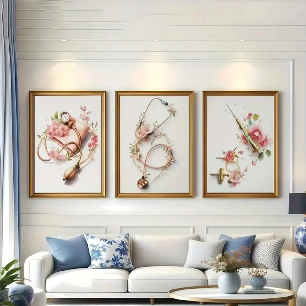 3 Pieces Rose Gold Floral Stethoscope Sphygmomanometer, Watercolor Nurse Wall Mural, Warm Medical Home Art, Contemporary Gallery Decor, Soft Tone Painting, Wall Decor for Clinic and Study, Framed or Unframed, Wall Picture Decor