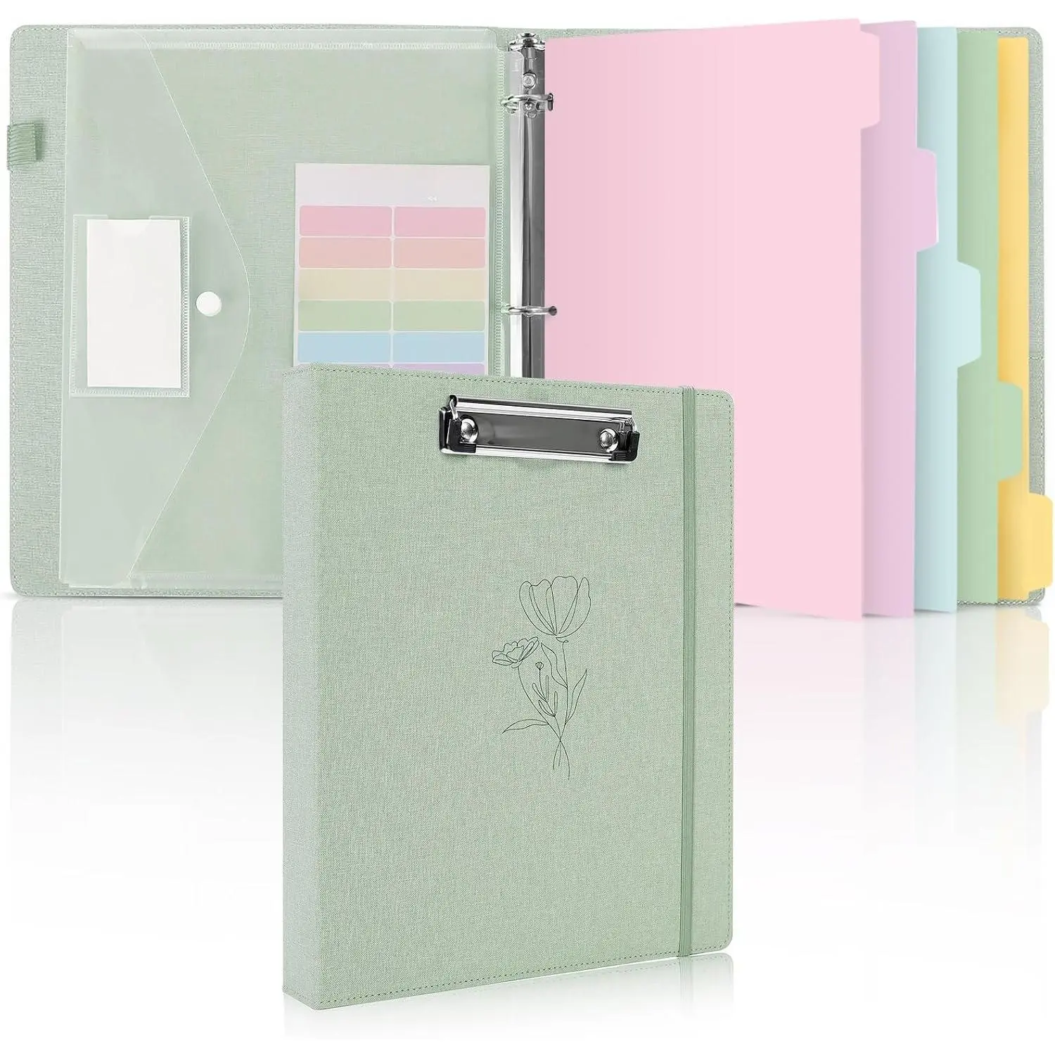Clipboard Binder with Dividers,1 Inch Linen 3 Ring Binder with Clipboard  Front for Organizer, Clipboard Folder with Pocket, Labels Office Supplies OliveGreen