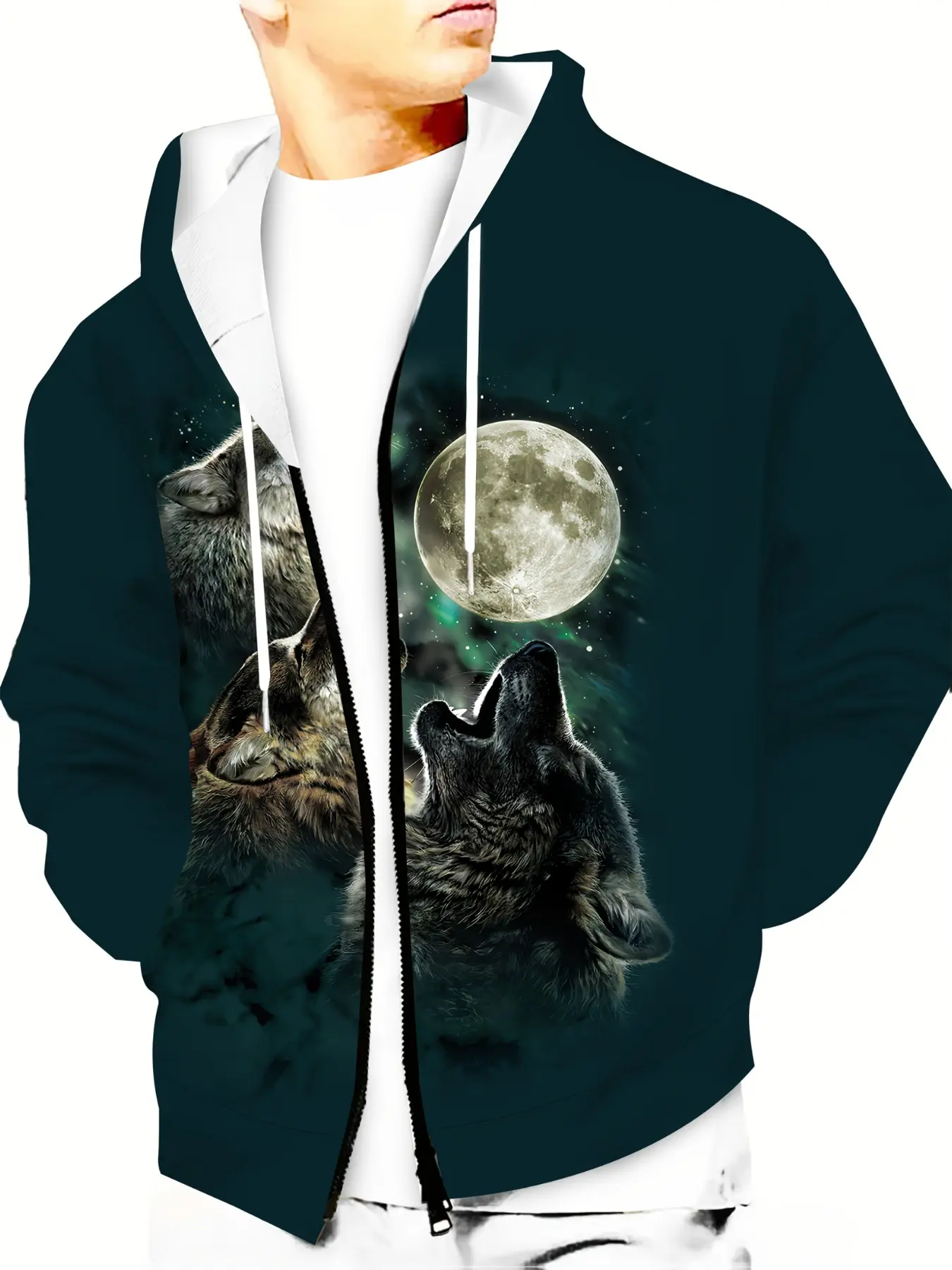 Men's Full Print Zipper Hooded Jacket, Moonlit Mountain Wolf Design, Loose Fit Casual Sweatshirt, All Seasons Outerwear