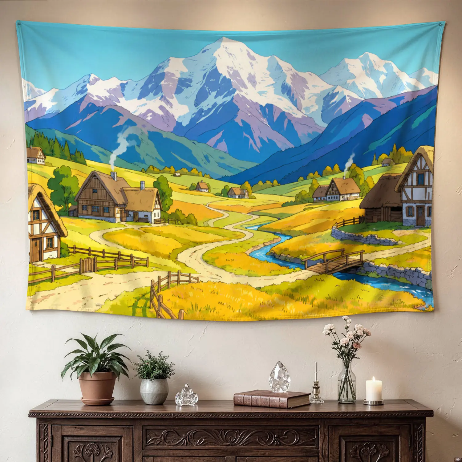 Snow Mountain Alpine Village Landscape Polyester Tapestry - Large Horizontal Printed Wall Decor, No-Installation Hanging for Living Room, Gift Ideas for Loved Ones