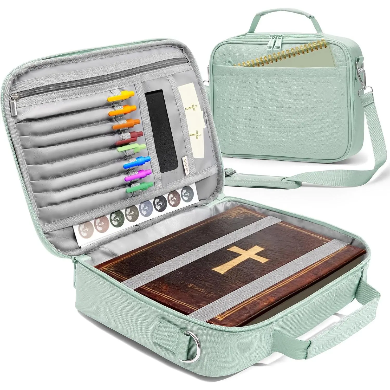 Cover for Women, Large  Bag w/ Strap Carrying Book Case w/Pen Slots and Zippered Pocket,  for Women & Men, Sage Green