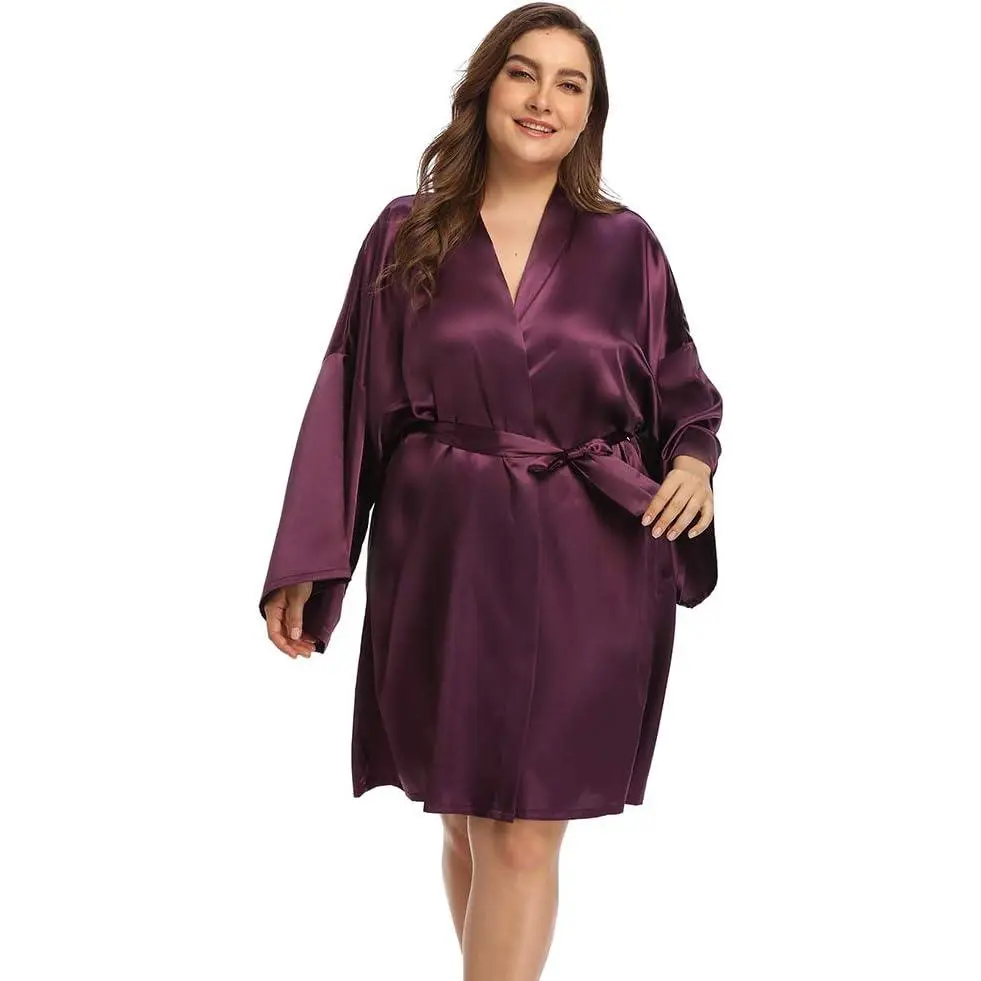 Women's Plus Size Short Satin Kimono Robes Sleepwear Bathrobes Silky Dressing Gown