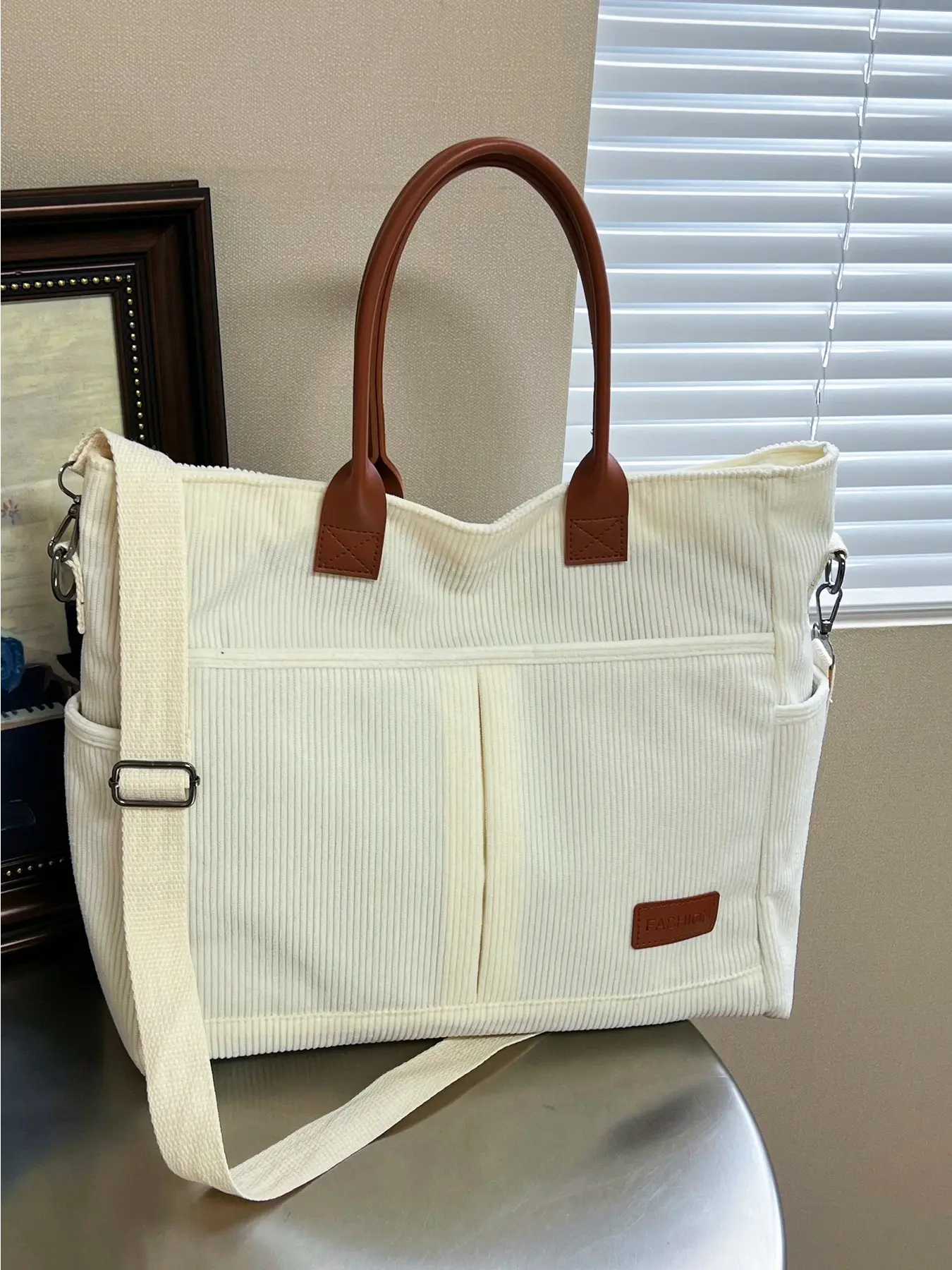 New Corduroy Tote Bag with Front Pockets Five Macaron Colors Black Green Orange Pink White Leather Handles Extended Detachable Strap for Work Laptop Large Capacity Commuter Bag