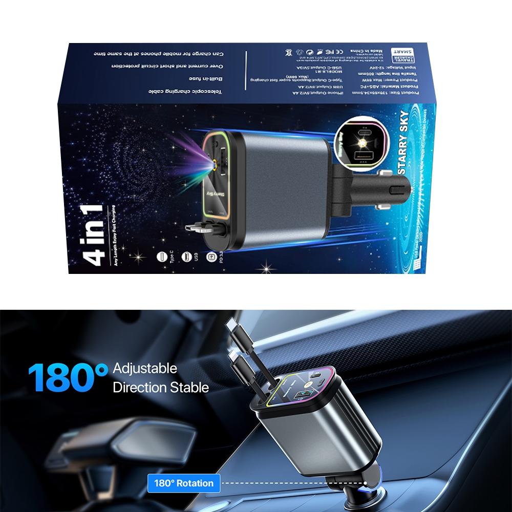4 in 1 Car Charger, Retractable Car Charger, Dual Type C & Lightning Cable Car Charger, Universal Car Charger for iPhone 15/14/13 Pro Max & Samsung Galaxy S23