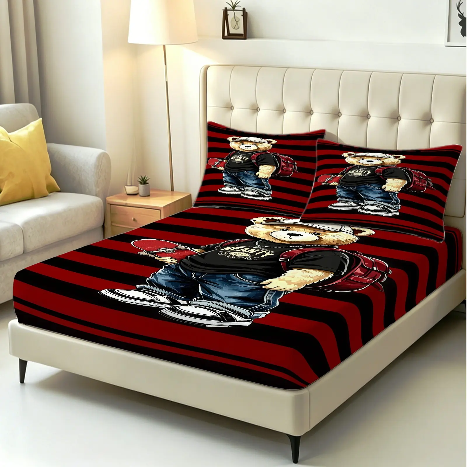 3pcs Streetwear Skateboard Teddy Bear Fitted Sheet Set, Printed bedding set, Cartoon Hip Hop Bed Sheet Set, Vivid Digital Print Soft Microfiber Bed Linens, Teen Boys Youth Dorm Bedroom Home Decor, Urban Animal Pattern Mattress Cover Kit