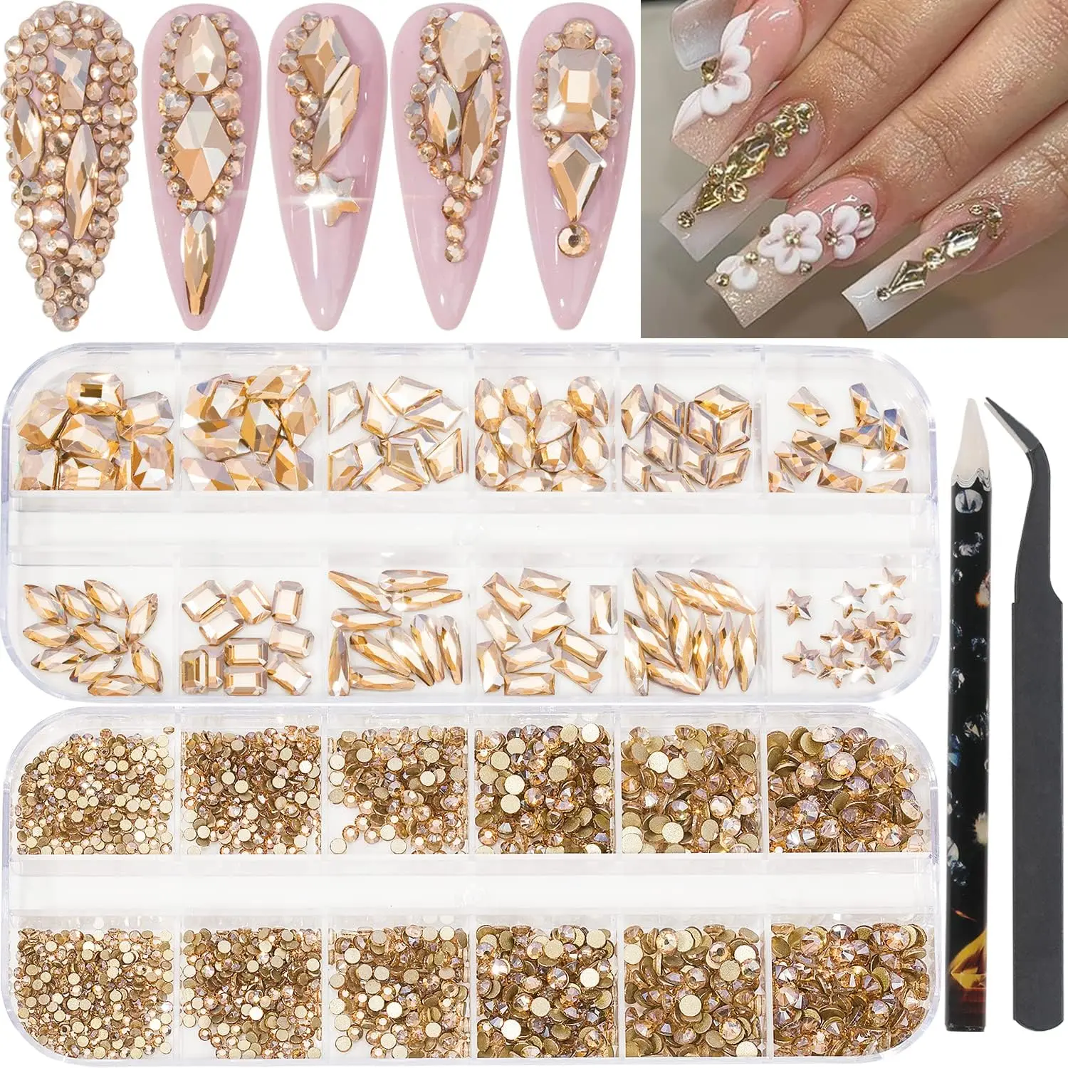 Nail Rhinestones - 2920pcs 3D Multi Shape Size Crystal, Champagne Gold Nail Gems, Flat Back, with Kit, for Nail Art, DIY Decorations springtok