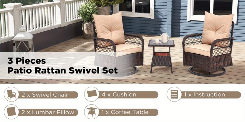3-Piece Rattan Bistro Set, Patio Furniture Set with 360° Swivel Chairs & Tempered Glass Table, Ideal for Patio, Garden, Beige 3-Piece Rattan Bistro Set, Patio Furniture Set with 360° Swivel Chairs & Tempered Glass Table, Ideal for Patio, Garden, Beige