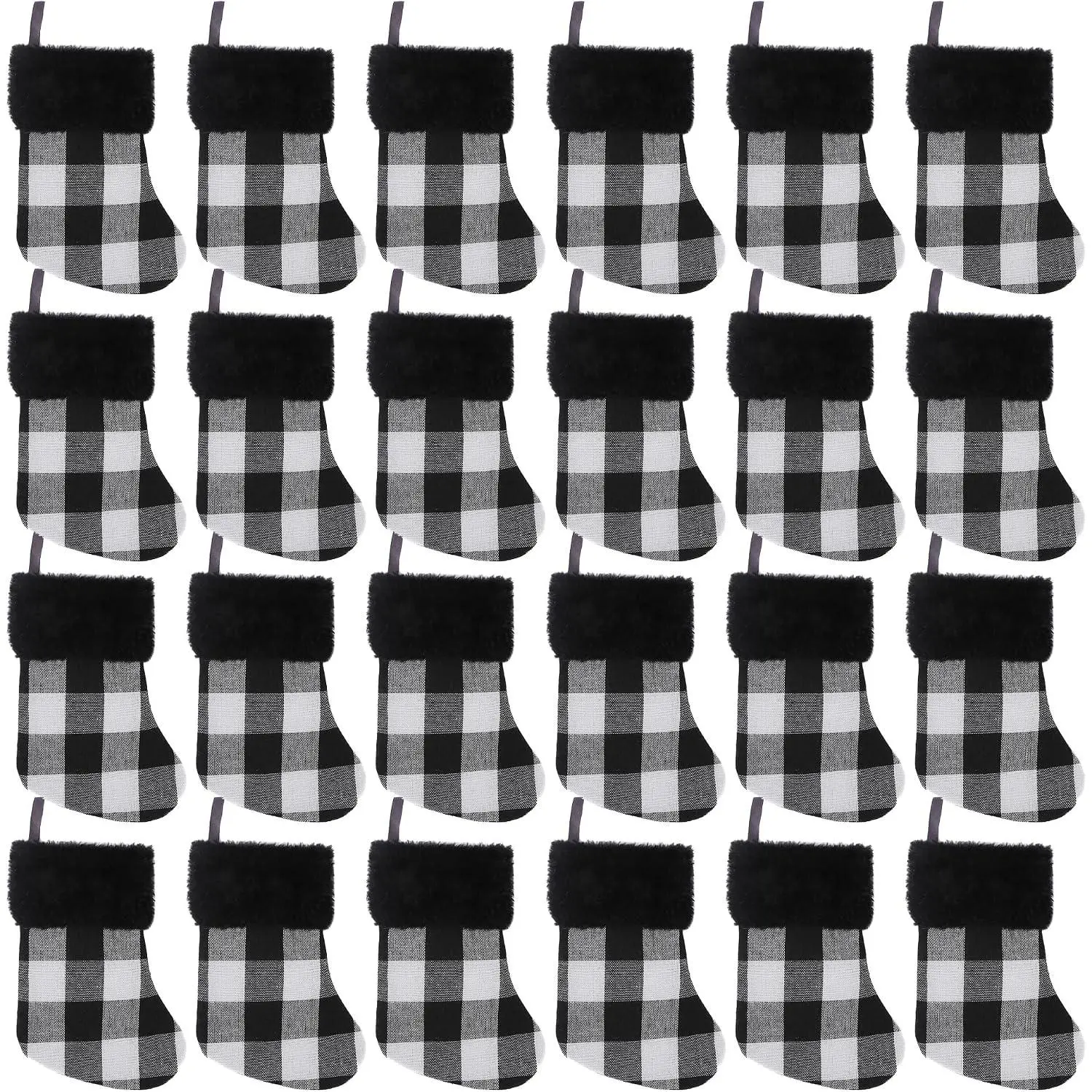7 inch 24pcs Mini Christmas Stockings, Buffalo Check with Plush Cuffs Christmas Stockings for Christmas Hanging Decorations
