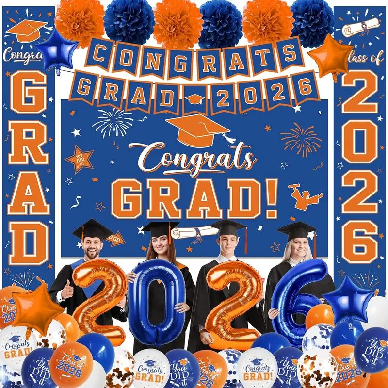Graduation Decorations Class of 2026, Blue and Orange Graduation Decorations with Congrats Grad Backdrop, Class of 2026 Banner,Porch Sign, Balloons, Foil Number 2026 for graduation Party Supplies