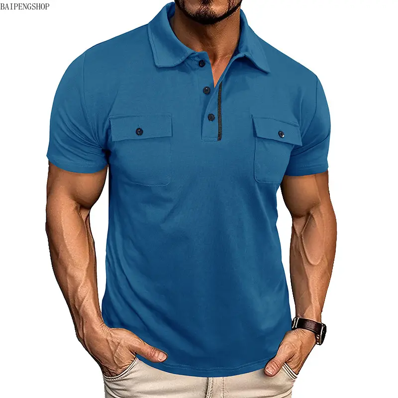 2026 Men Summer Short Sleeve Collared Workwear Polo Shirt, Breathable Lightweight Multi-Pocket Button Functional Top, Durable Daily Work Utility Polo Mens Essential Summer Apparel