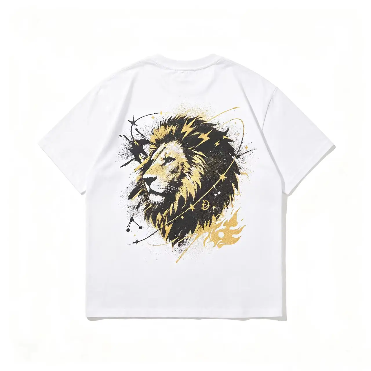 Golden Lion Zodiac Star Fire Splash Graphic Back Print Cotton Oversized T-Shirt, Leo Lion Constellation Tee, Cute Fashion Outfit, Perfect Valentine Birthday Gift For Leo Lover Friend Family