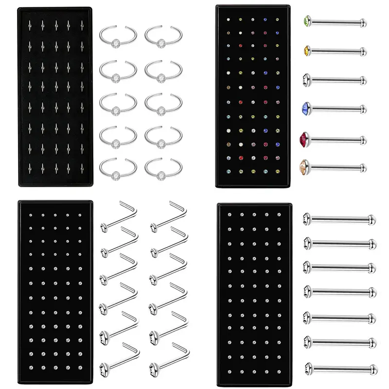 Female Premium Anti-Allergy Stainless Steel Piercing Jewelry Set - 60 Pcs Rhinestone Nose Rings Studs & Lip Studs, Mixed 1.5/2.0/2.5mm Glossy Fringe Designs, Gems for Piercings, Tarnish-Proof Daily Wear Fashion Accessories