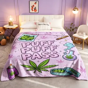Puff Puff Pass Leaf Pattern Flannel Throw Blanket Soft Cozy Cannabis Inspired Home Decor Blanket For Sofa Bed Couch Bedroom Lightweight Fleece Blanket Funny Gift For Adults Relaxing Space