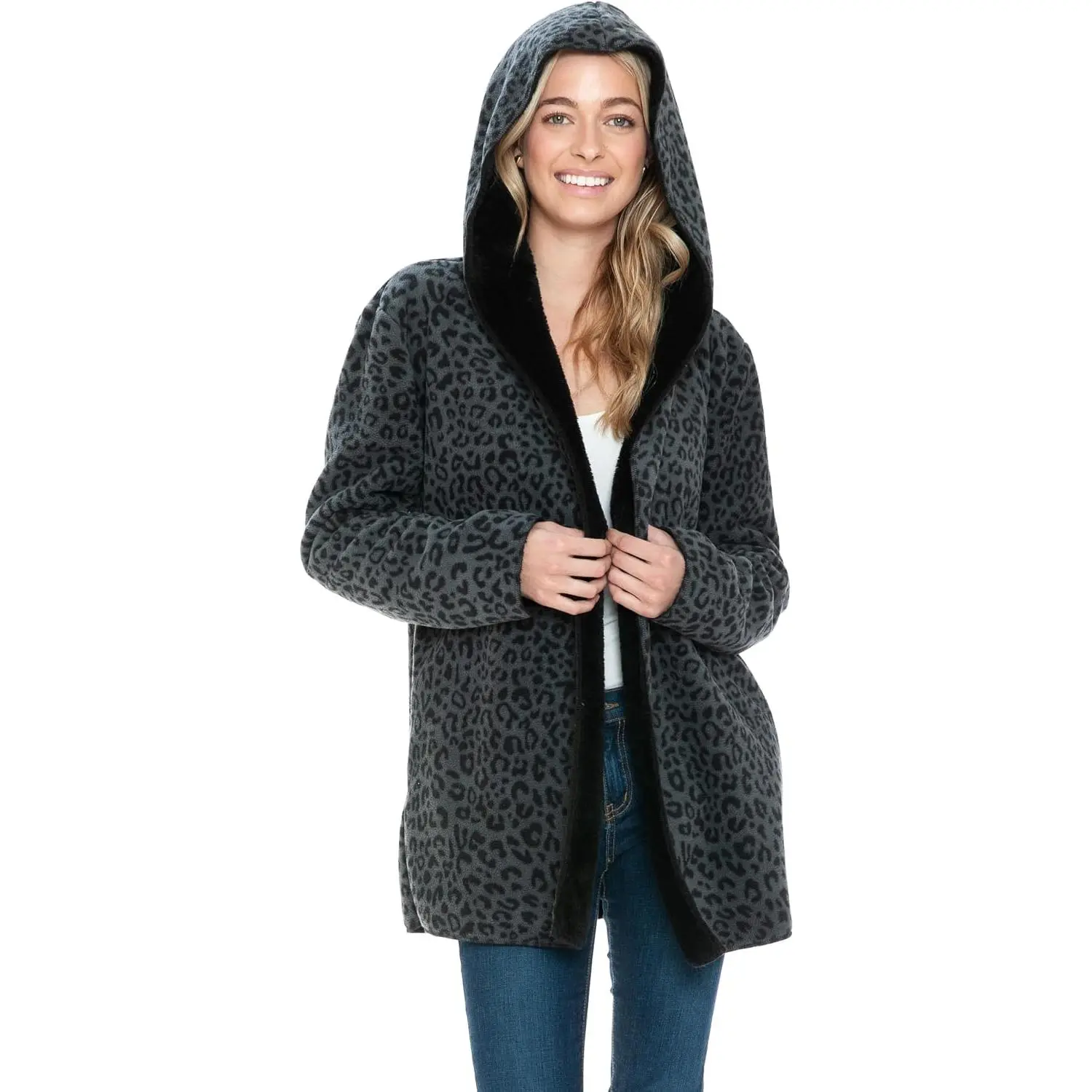 Wearable Blanket Hoodie in Thick Fleece Jacket with Pocket - Black Leopard - Large Size - for Women and Men, Warm and Cozy