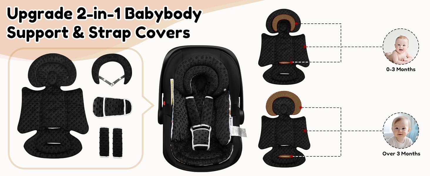 Infant Car Seat Insert with Removable Cushion for Baby Preemie Newborn Infant, Reversible carseat Insert Head Body Support Fits for Stroller, Baby Swing, Rocker, Bouncer, Bassinet - Black