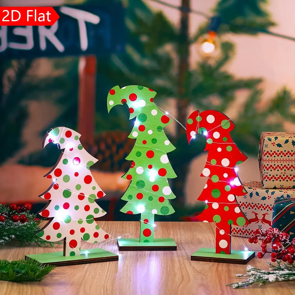 Grinch Christmas Wooden Tree Set, Three-Piece Country Style Desktop Decoration, Ideal Home and Office Decor, Unique Gift Choice