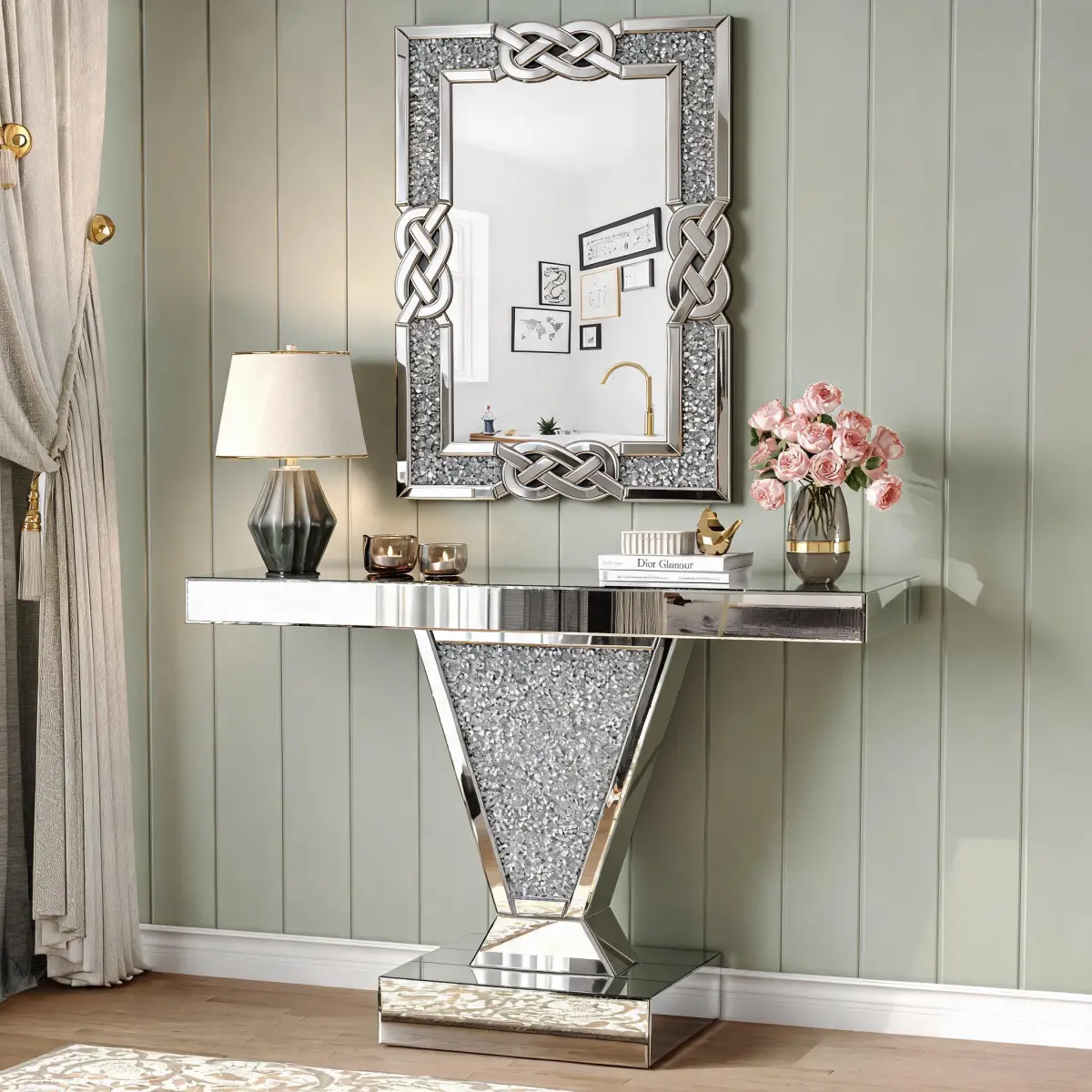 Crushed Diamond Mirrored Console Table, Modern Silver Reflective Glass Entryway Sofa V-Shaped Crystal Inlay Rectangular Hallway Accent Table for Living Room Foyer # side booth storage Farmhouse Lift Top Coffee affordable dining narrow solid wood square