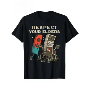 Front Print Respect Your Elders Cartoon Controller Casual T-Shirt For Funny Gamer Tee Collectors