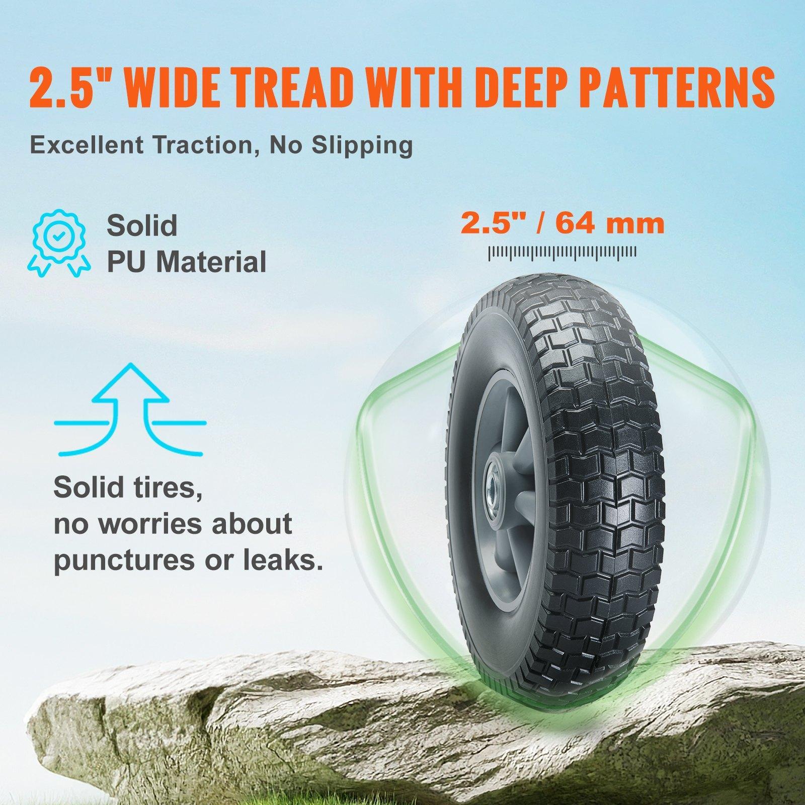 Solid PU Run-Flat Tire Wheel,, 10", 2-Pack, 180 lbs Dynamic Load, 220 lbs Static Load, Flat Free Tubeless Tires and Wheels for Hand Truck, Utility Cart, Dollies, Garden Trailers, Various Carts