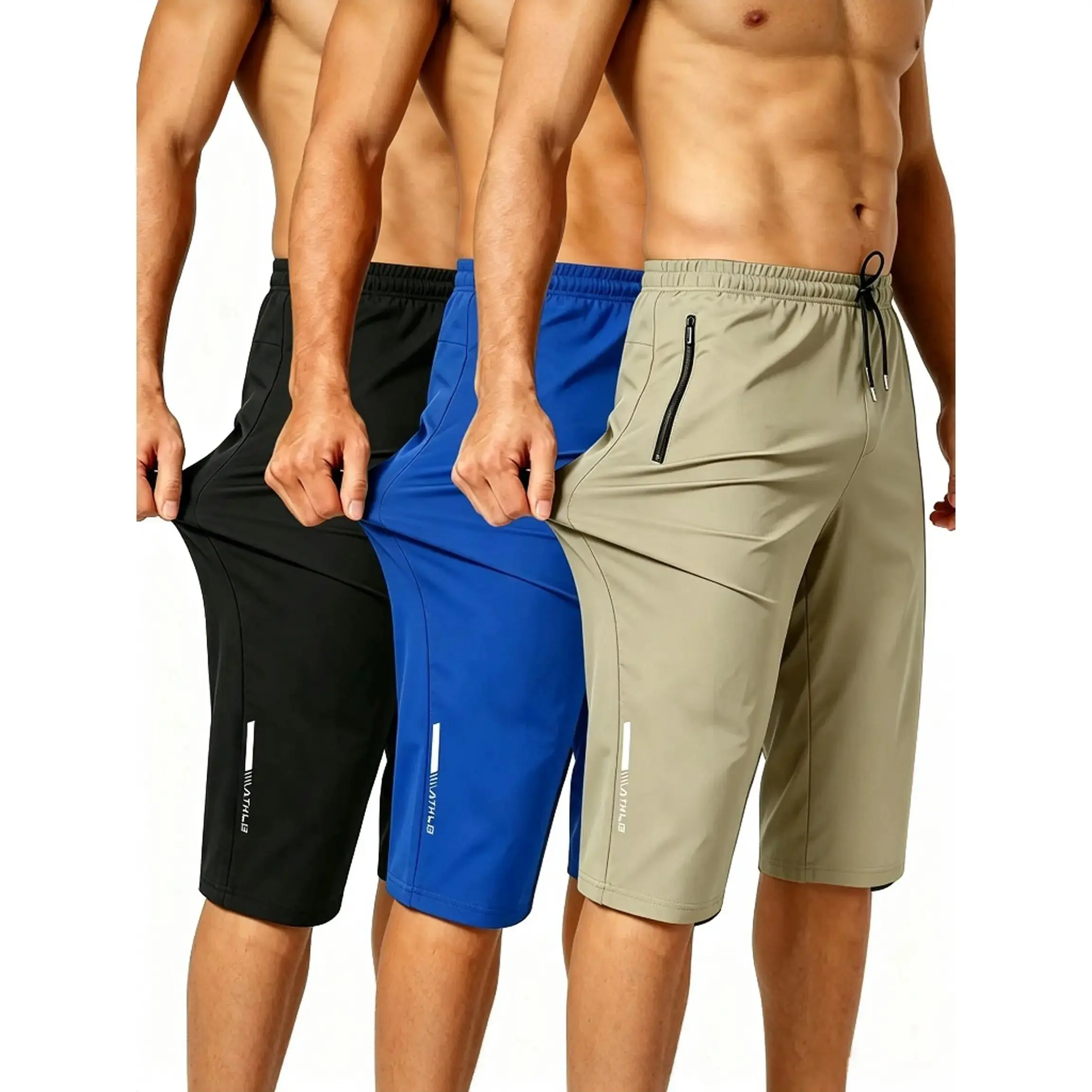 Slim Fit Tip: Order one size down | 3-pack summer ice silk straight capri pants, European sizing, 80% polyamide+20% elastane stretch athletic cropped trousers for rugby, sports, and everyday casual wear