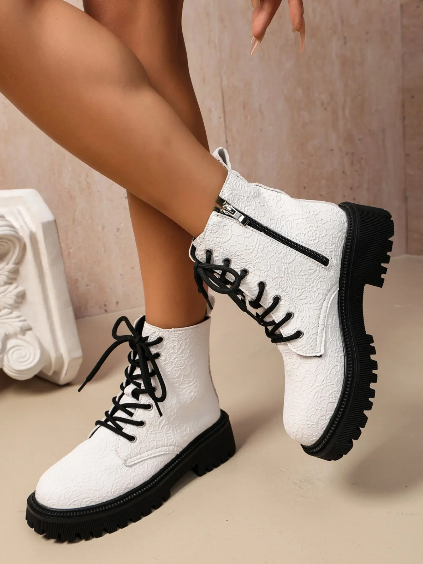 Women's Lace-Up Zipper Short Boots, Casual Comfortable Daily Shoes, Fashionable Anklet Boots, Perfect for Outdoor Activities, Plus Size
