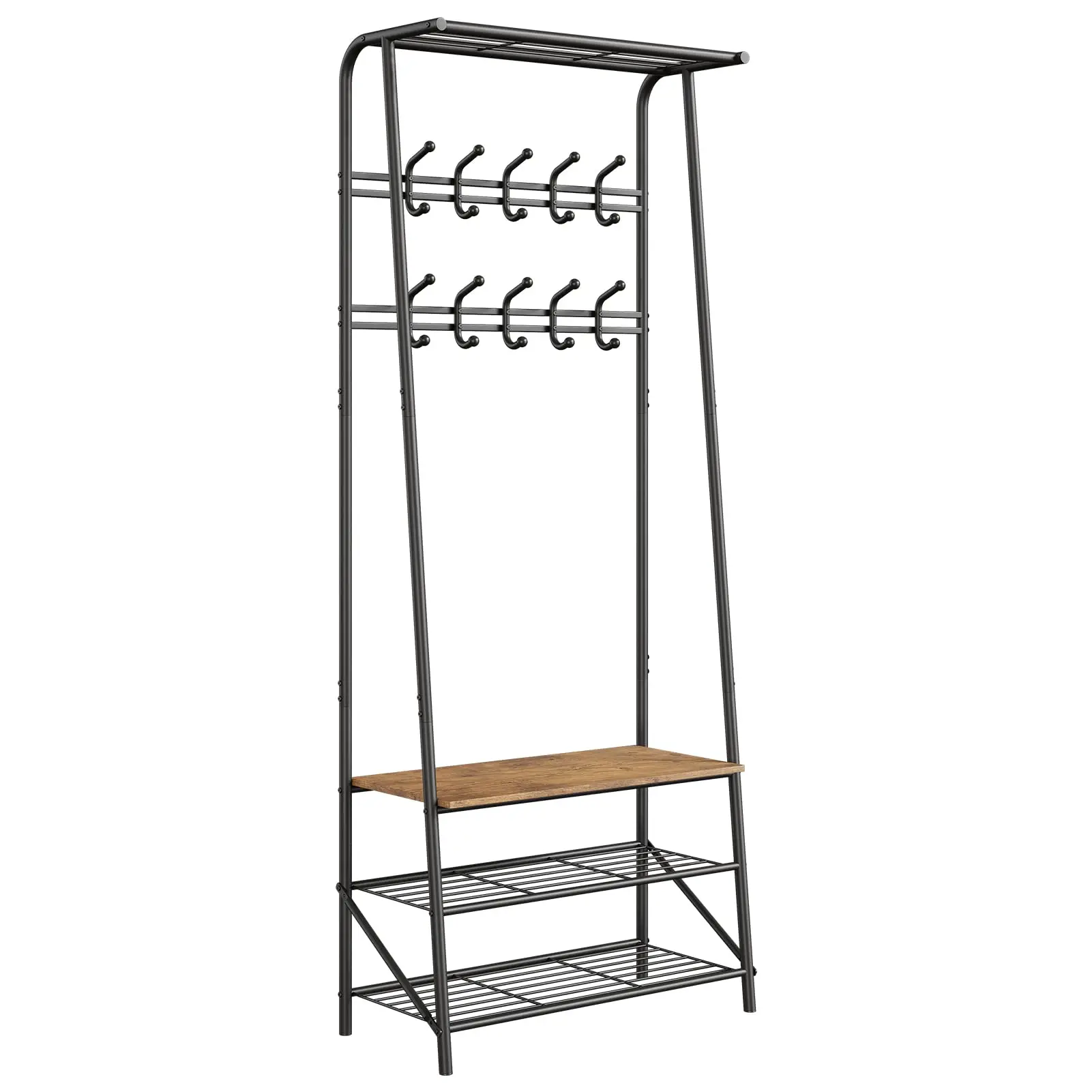 Entryway Hall Tree Coat Rack with Shoe Bench, Metal Frame Organizer with Top Shelf, 2-Tier Shoe Rack, Single or Double Row Hooks, Rustic Wood Accent Storage Stand for Coats, Bags, Hats and Shoes, Black or Gray, Mudroom, Hallway, Bedroom, Foyer