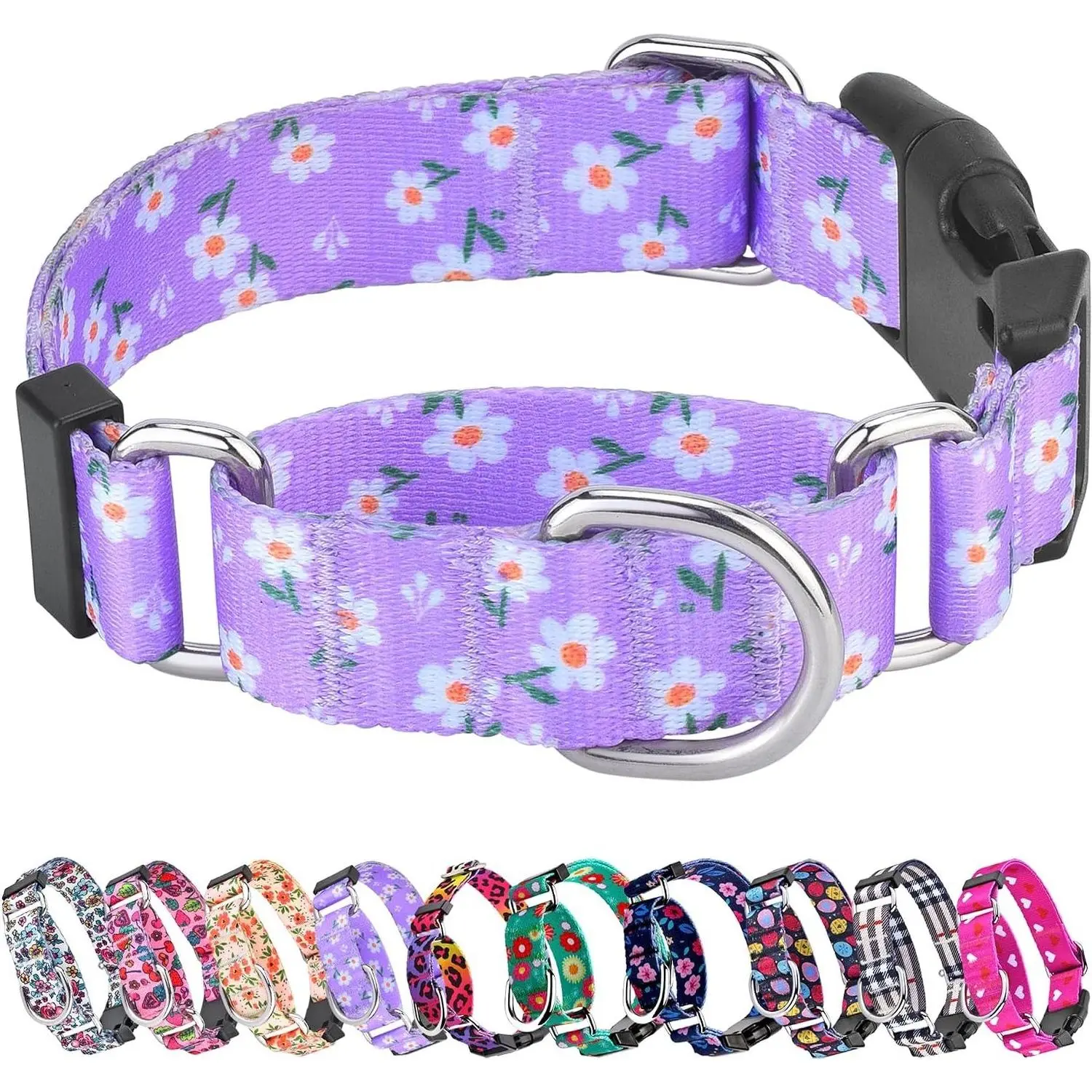Martingale Dog Collar with Buckle, Adjustable Soft Nylon Patterned Collar, Medium, Escape Proof No Pull No Choke, Purple Daisy Flower for Girls, Breathable No Slip Quick ReleaseGift