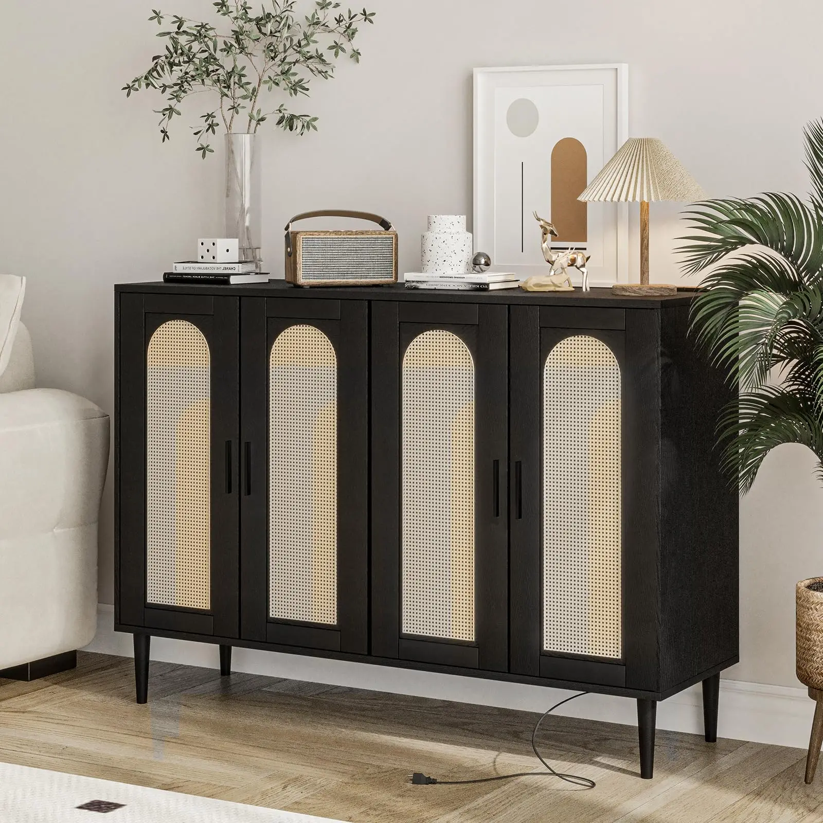 GARVEERattan Sideboard Buffet Cabinet with 4 Doors, Built-in Power Outlet, Adjustable Shelves, MDF Board, Metal Handles, and Anti-Tip Kit, Ideal for Kitchen, Dining Room, Hallway, and Living Room