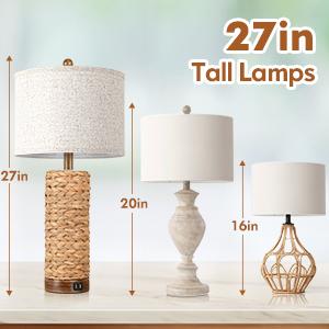 Set of 2 Rattan Table Lamps for Living Room with 2 USB Ports, 27in Tall Bedroom Lamp Costal Farmhouse, Rustic Woven Seagrass Bedside Nightstand Lamps for End Table, E26 Socket&Rotary Switch, No Bulb