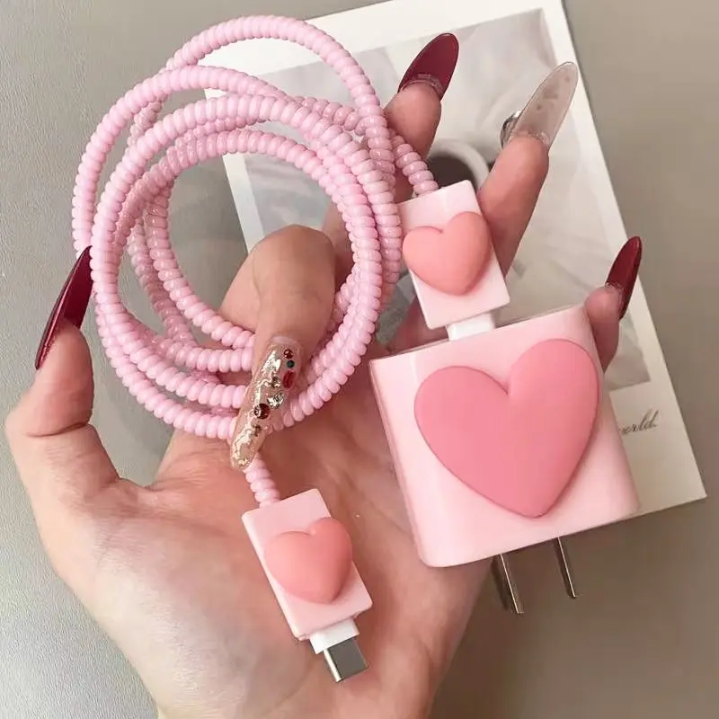 Heart Design Charger Protector Set for Apple 18/20w, Data Cable Protection, Perfect Gift for Birthdays, Christmas, New Year