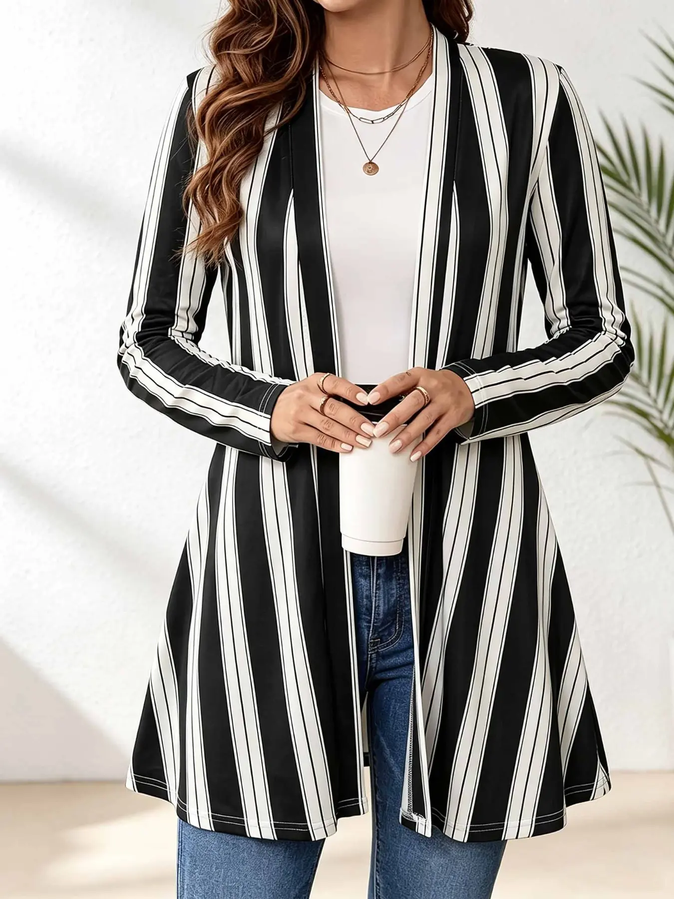 Women Classic Black White Vertical Stripe Long Cardigan, Open Front Long Sleeve With Pockets Loose Drape Slimming Commute Layering Casual Cover Up Outerwear，Long Cardigan、Open Front Cardigan、Striped Cardigan、Layering Top、Pocket Cardigan、Office Casual Oute