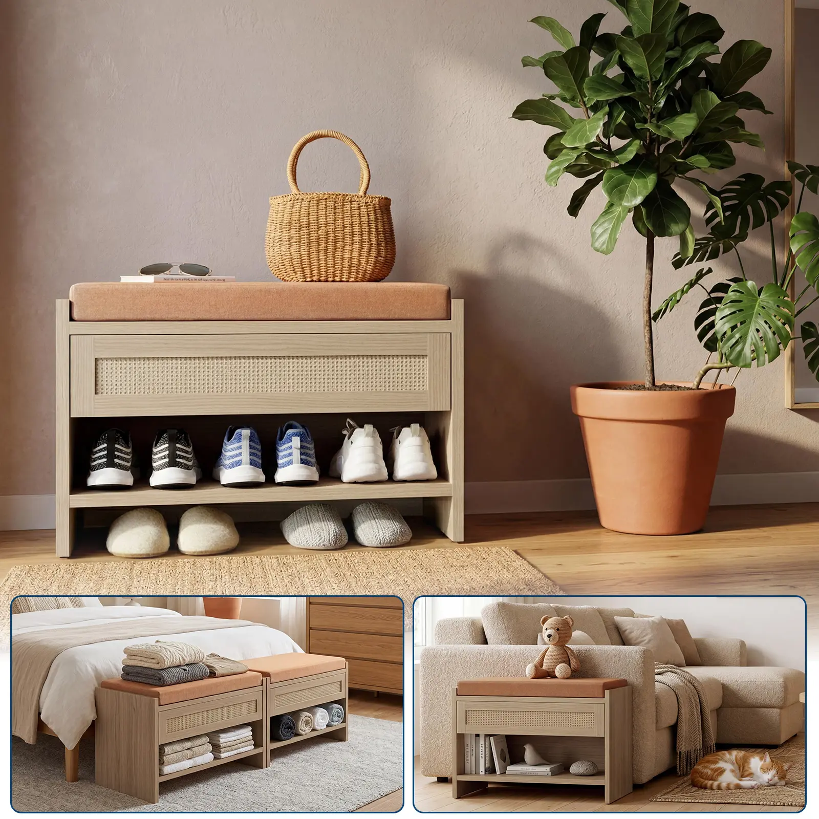 Rattan Shoe Bench, Farmhouse Boho Entryway Bench with Storage Drawer, Cushion & Shelf for Hallway, Bedroom & Living Room