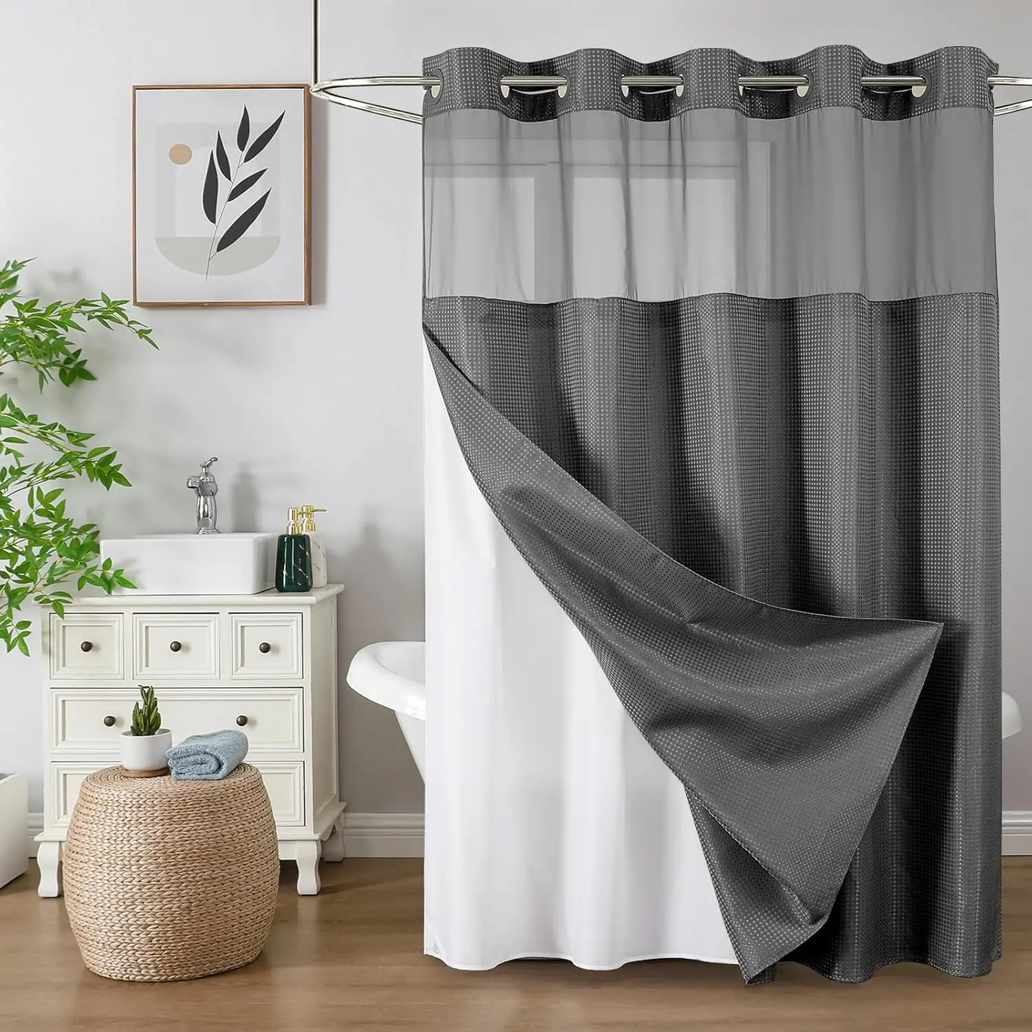 72x75 in Washable No-Hook Snap-In Waterproof Shower Curtain with Mesh Top Window, Hotel Luxury Duty Curtain & Liner Set, Charcoal Grey, Shower Curtains
