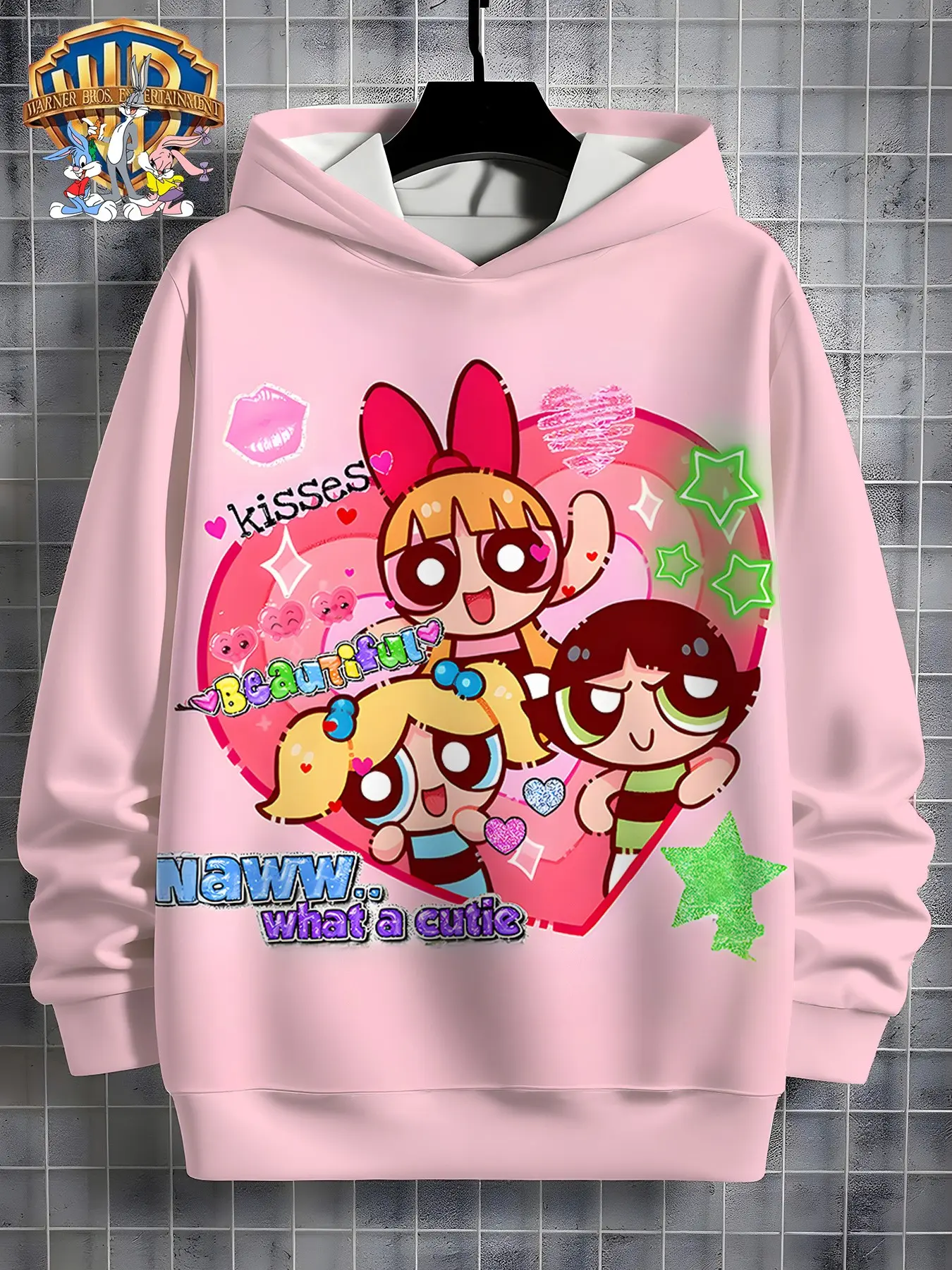 Wb Official the Powerpuff Girls Kids Hoodie, Girl's Heart Sweet Cool Print Top, Fall & Winter Loose-Fit Pullover, Back-To-School Fashion