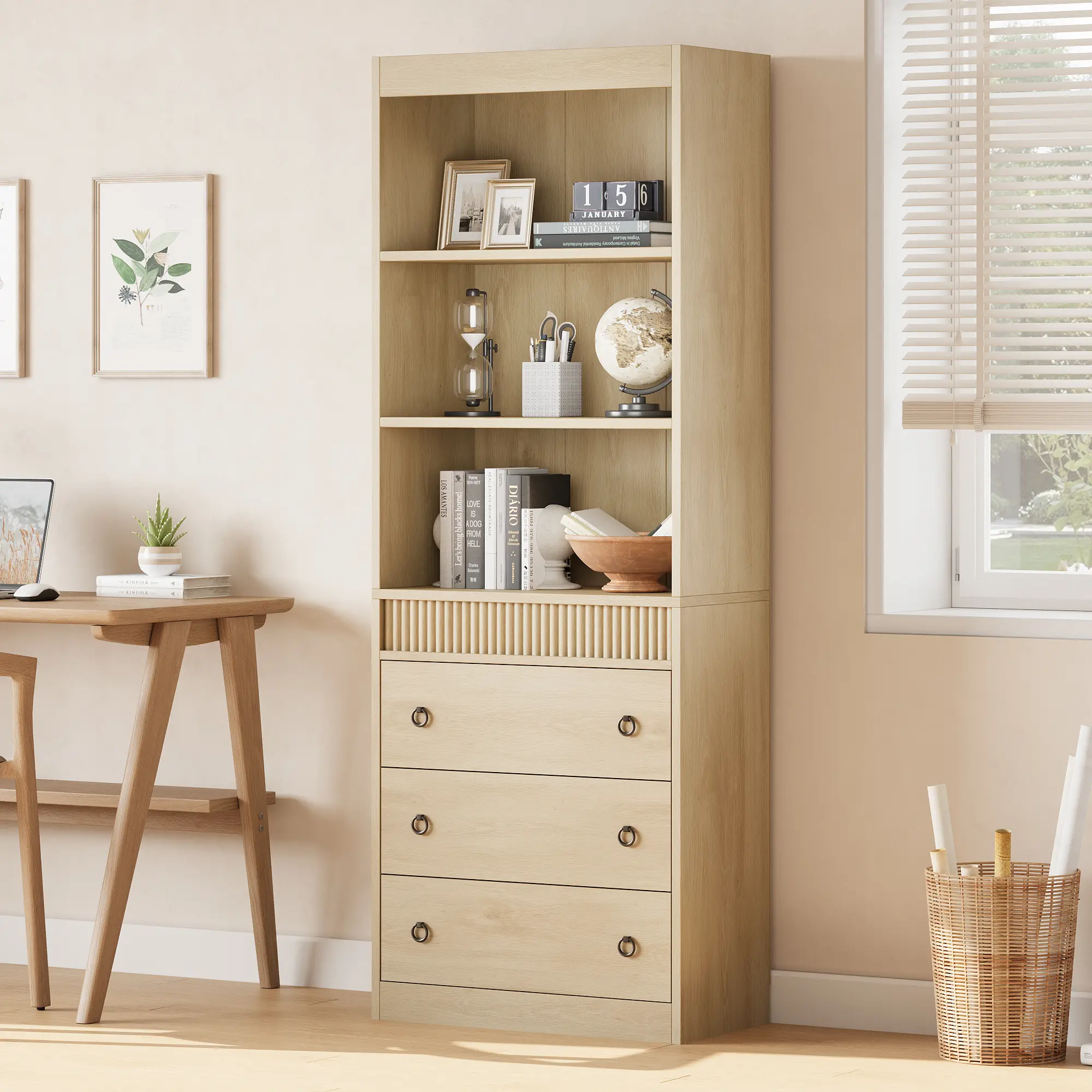 Modern Fluted 6-Tier Tall Bookshelf with Drawers and Cabinet – Waved Design Wood Display Shelf – Large Storage Bookcase with Open Shelves for Dining Room, Living Room, or Office