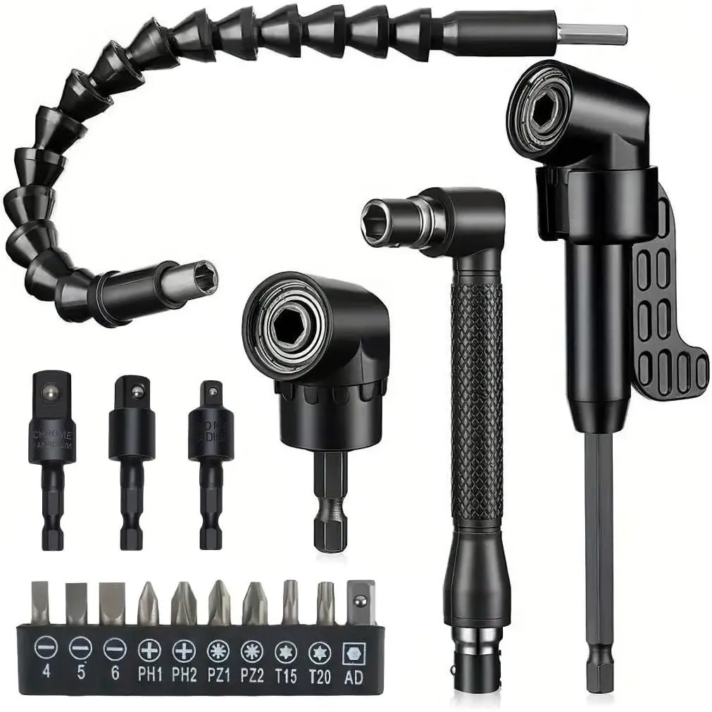 Flexible Drill Bit Extension Kit, 17 count Tool Set with 105? Right Angle Drill Attachment & 360? Rotatable Socket Adapters for Tight Space Repair in Automotive, Furniture and Appliances