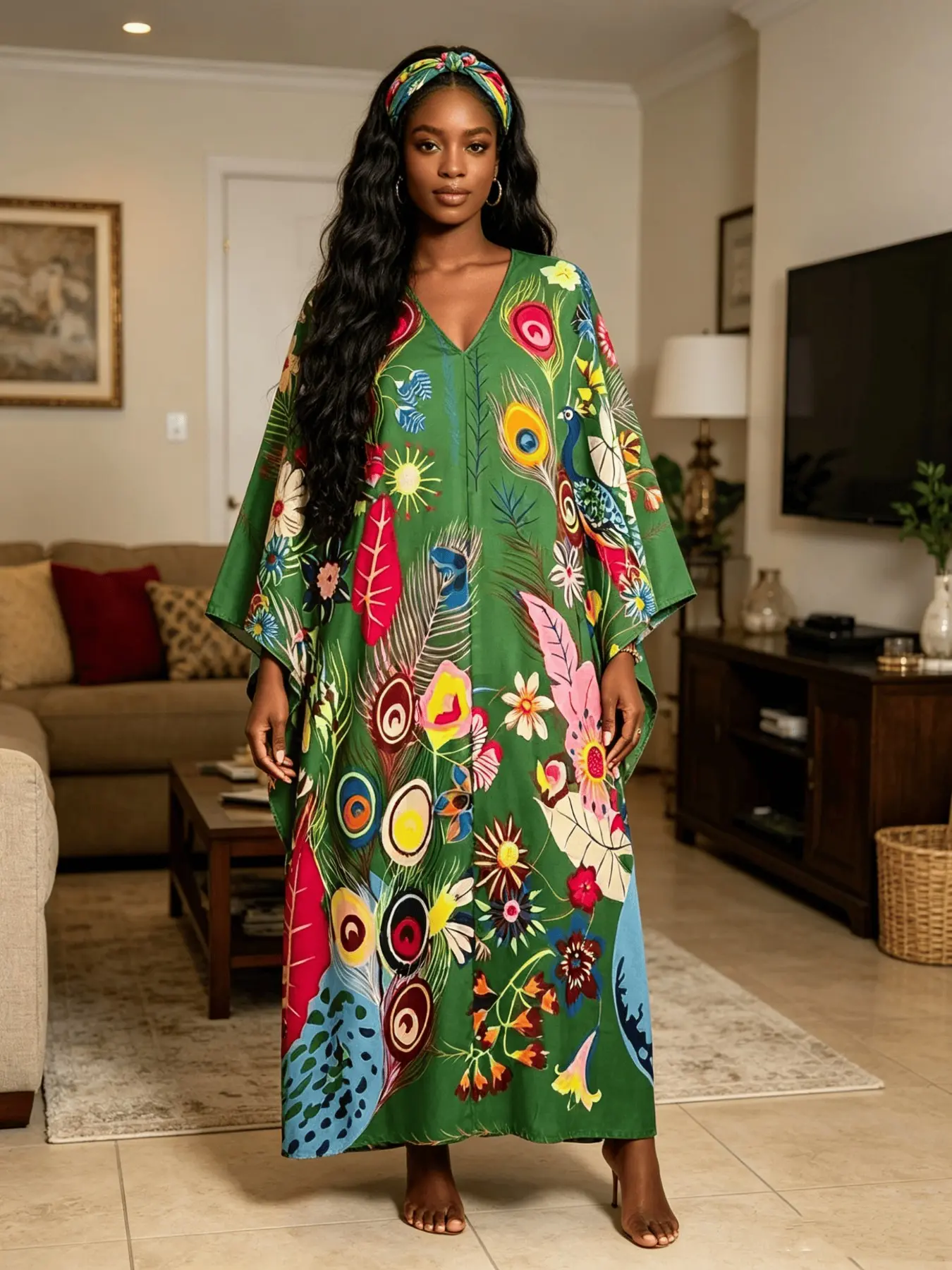 New Women's  Navy Tropical Palm Print Kaftan Maxi Dress with Matching Headscarf, Silky Loose Satin Robe, Plus Size Friendly, Multiple Colors Available, Beach Cover Up, Resort Vacation, Summer & Evening Party Wear